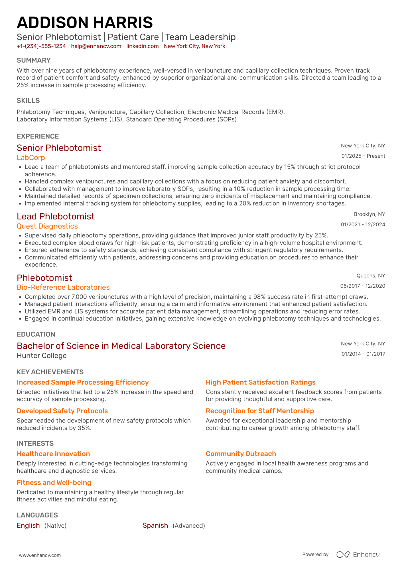 A resume example of a Senior Phlebotomist