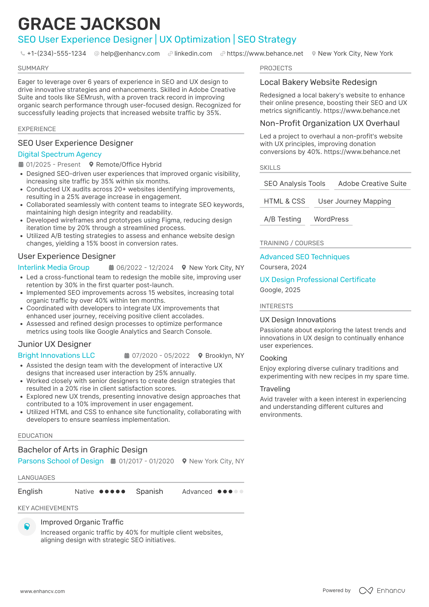 A resume example of a SEO User Experience Designer