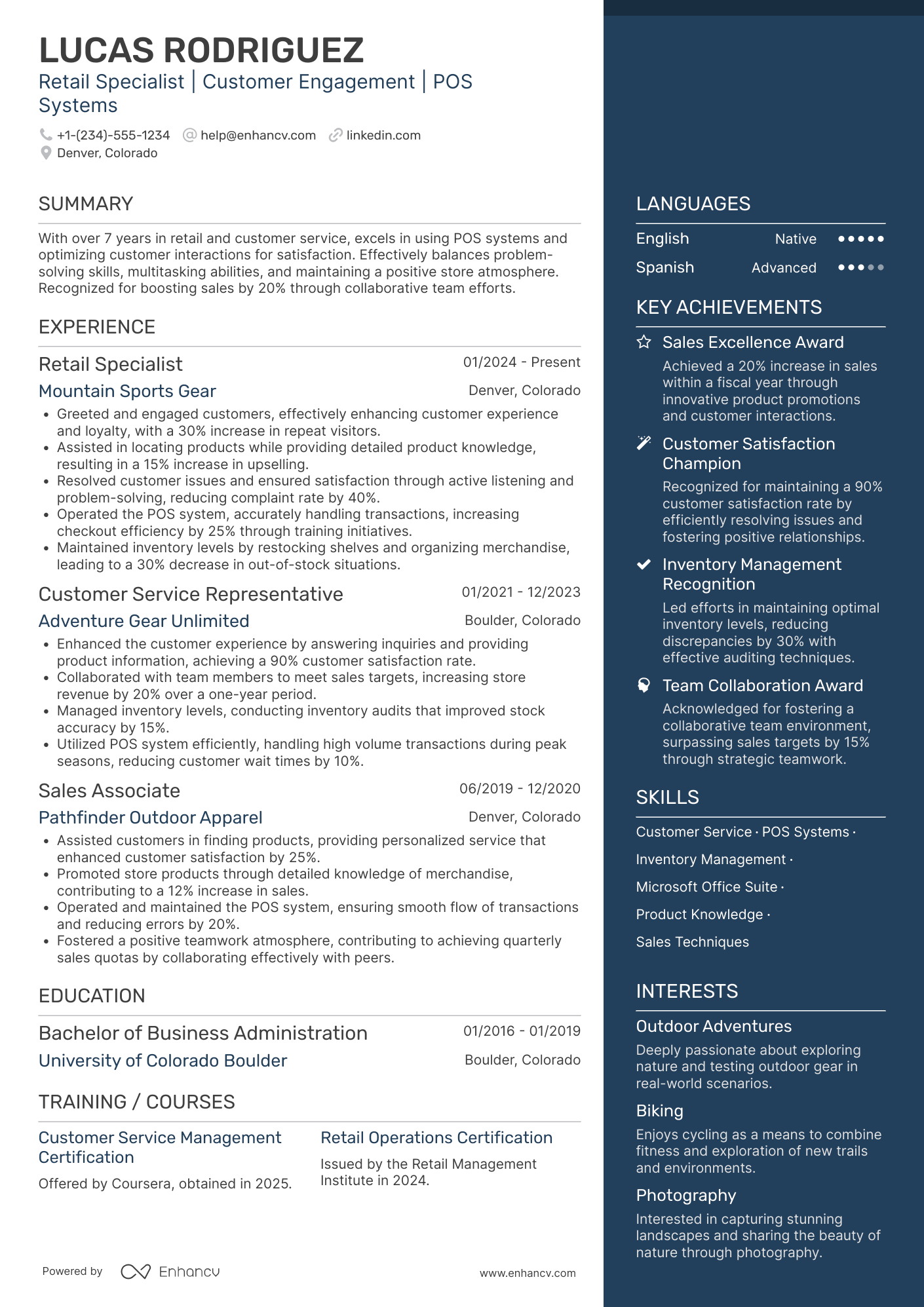 A resume example of a Customer Service Retail Team Member