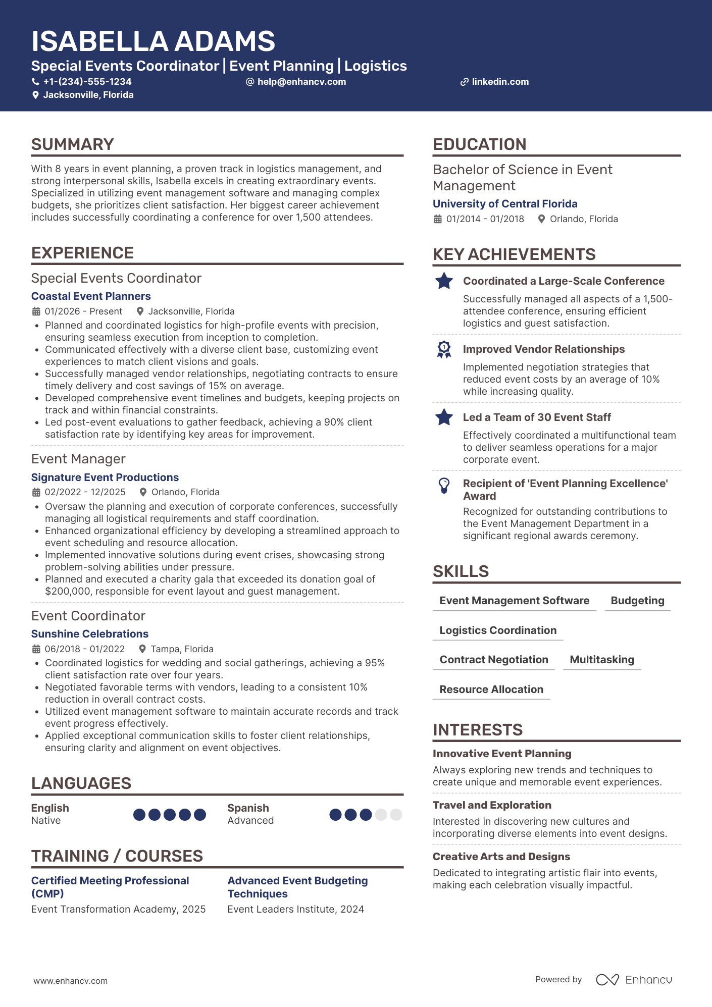 A resume example of a Special Events Coordinator