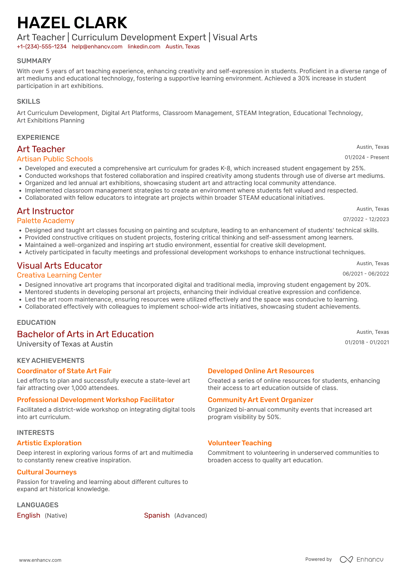A resume example of a Art Teacher Public School