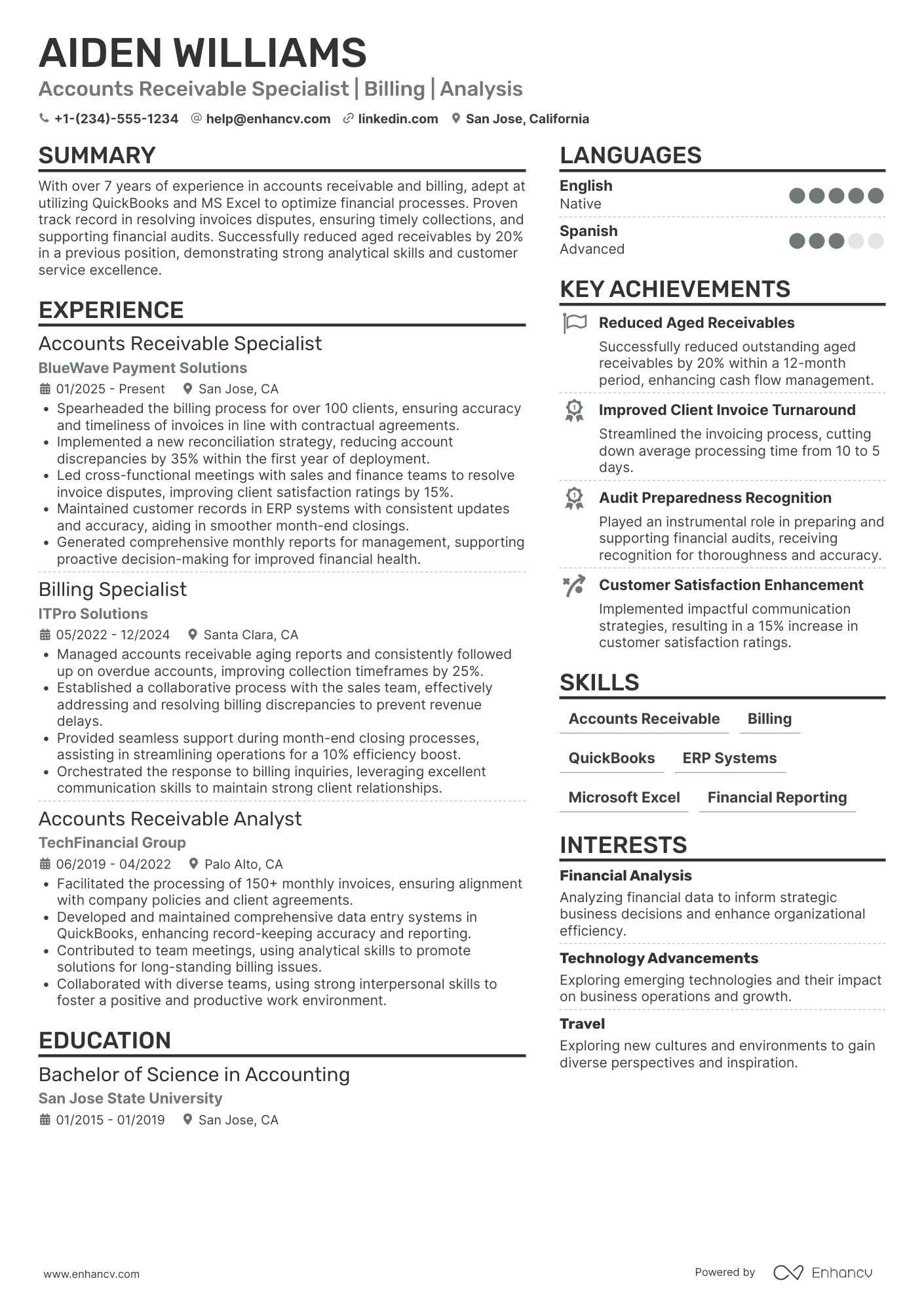A resume example of a Accounts Receivable Billing Specialist