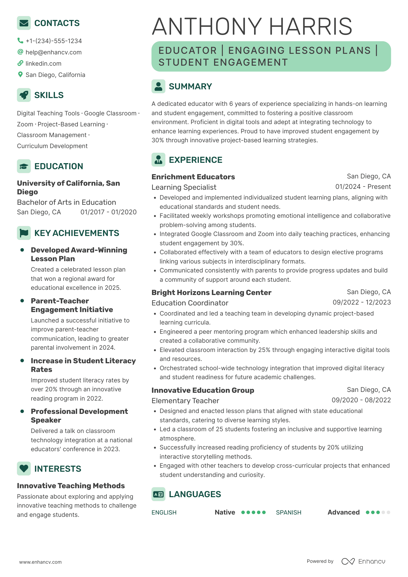 A resume example of a Summer School Teacher