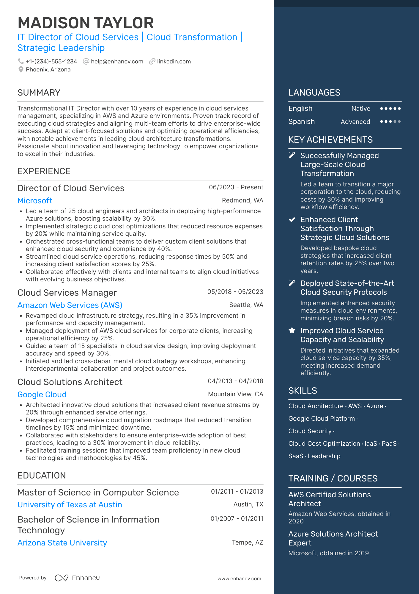 A resume example of a IT Director of Cloud Services