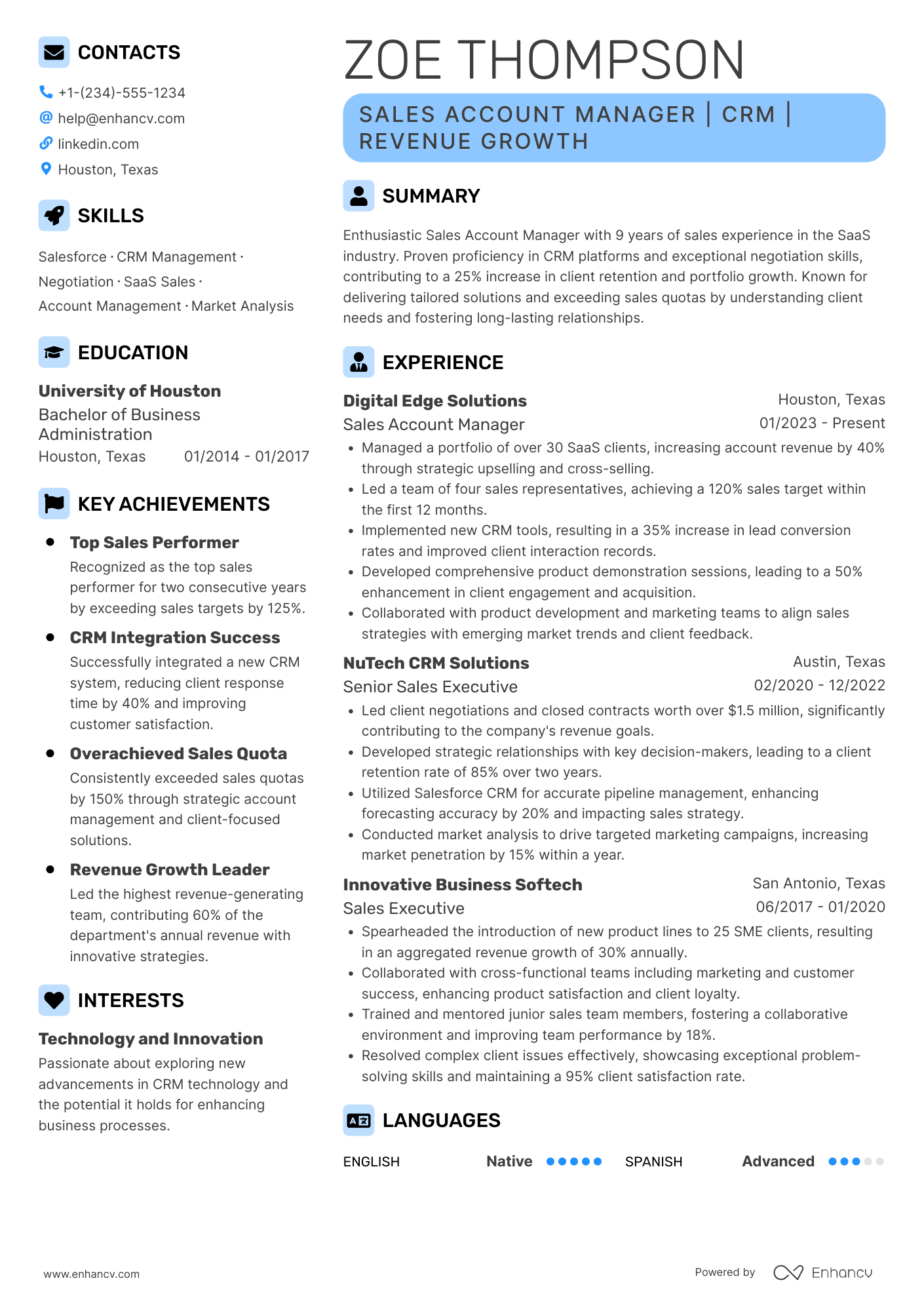 A resume example of a Sales Account Manager