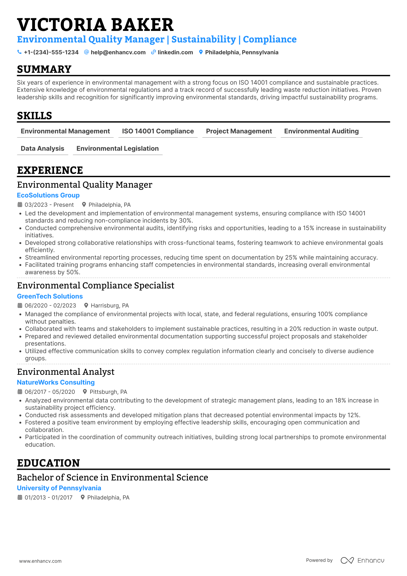 A resume example of a Environmental Quality Manager