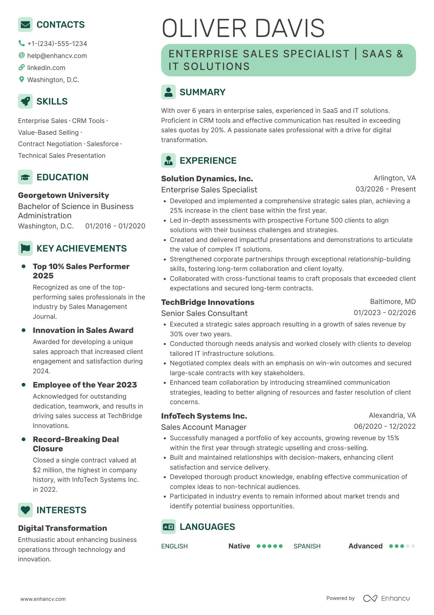 A resume example of a Enterprise Sales Consultant