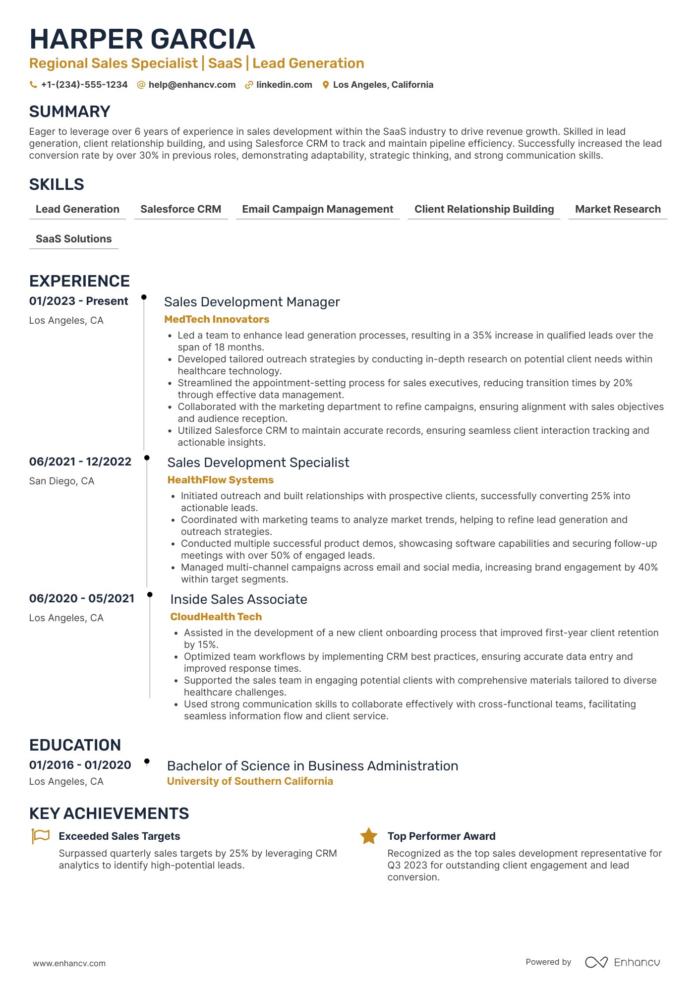 A resume example of a Regional Sales Development Representative