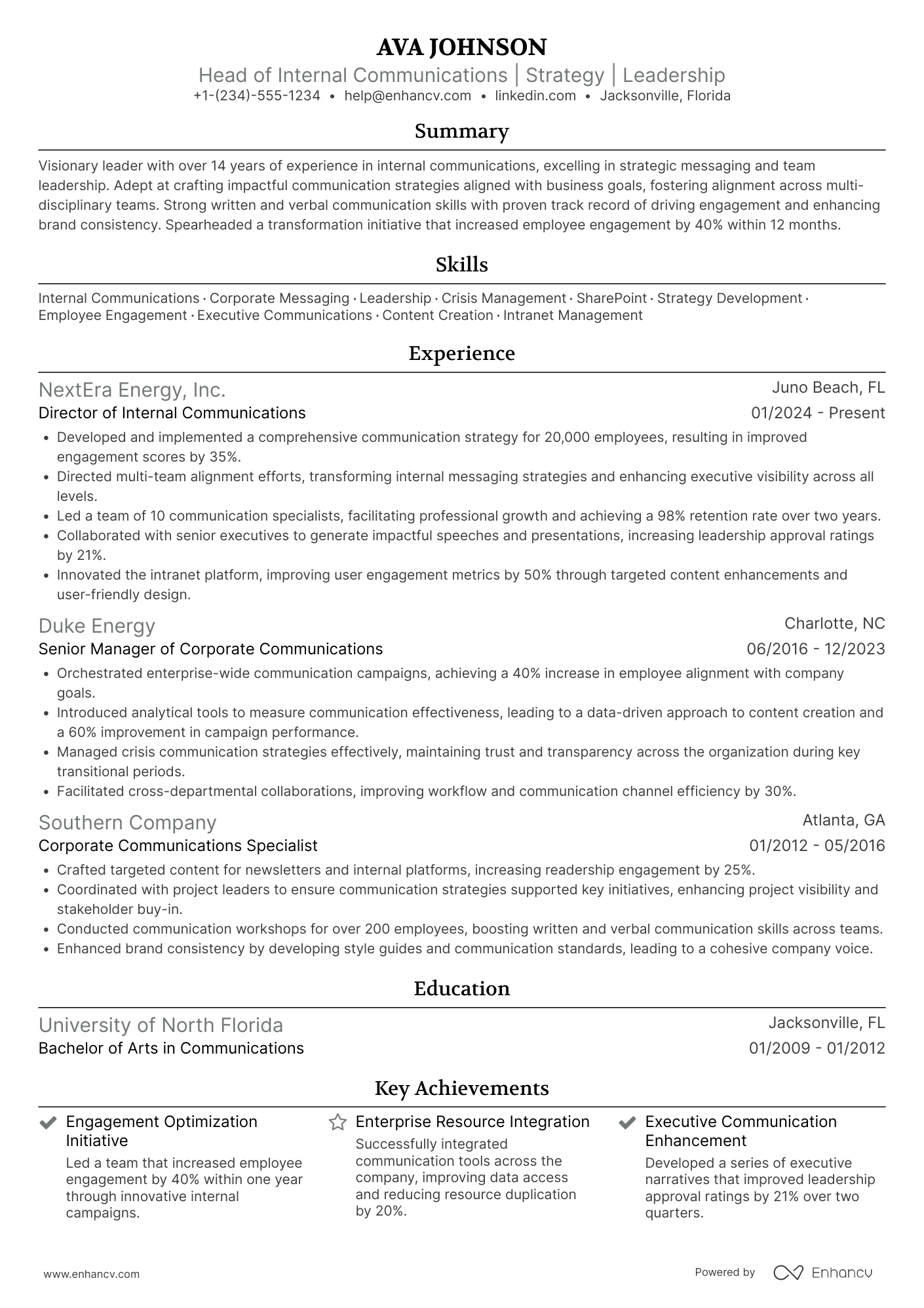 A resume example of a Head of Internal Communications
