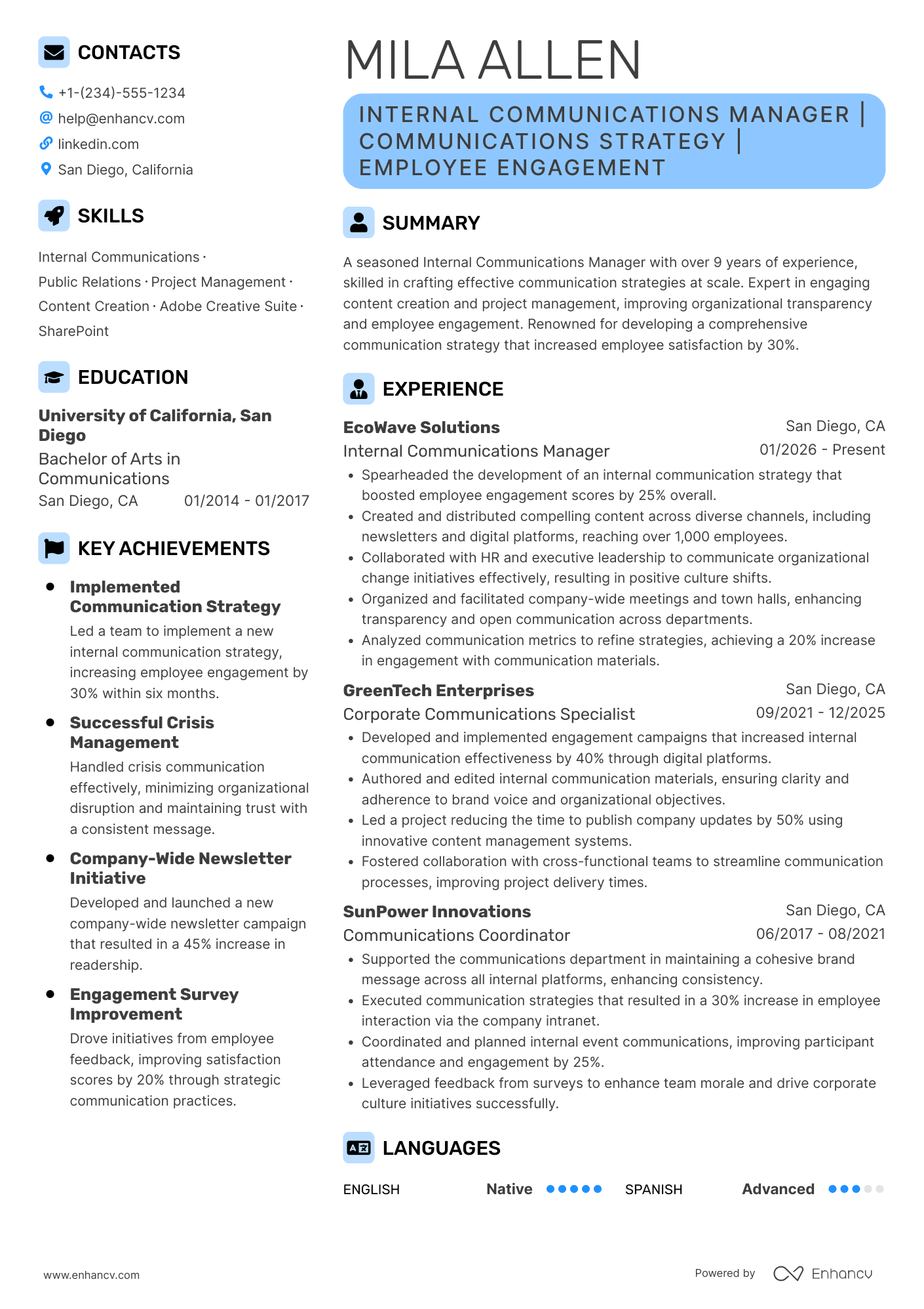 A resume example of a Internal Communications Manager