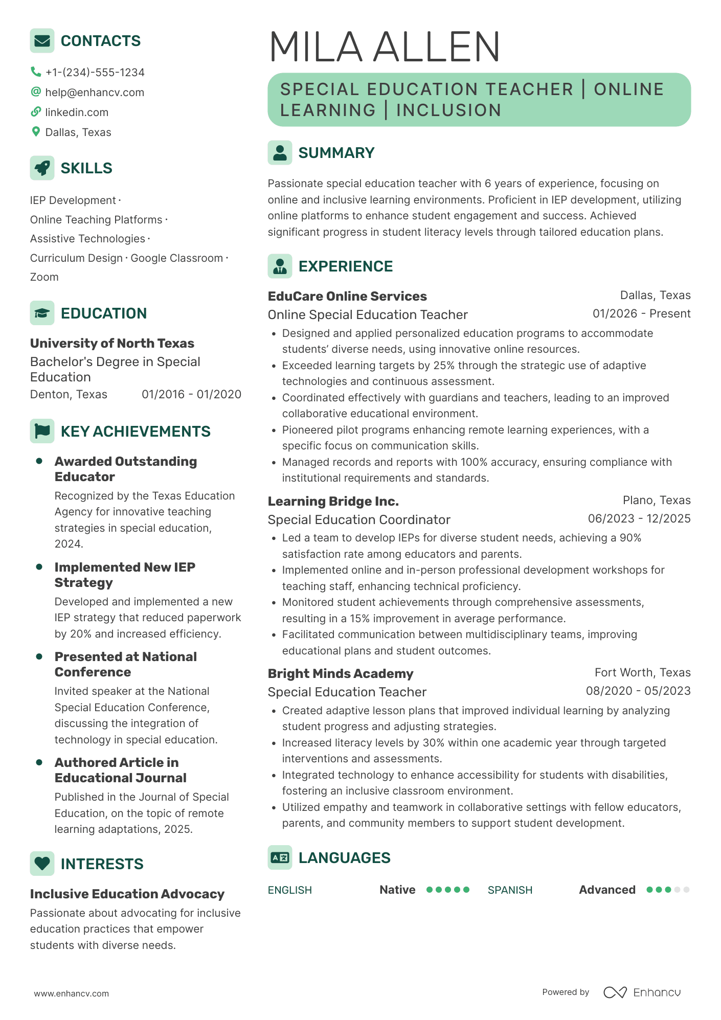 A resume example of a Online Special Education Teacher