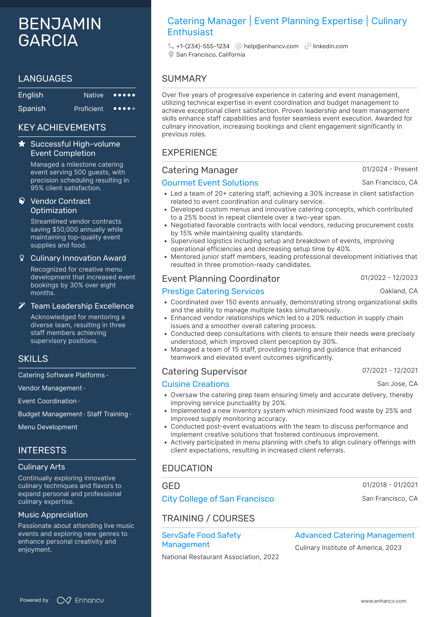 A resume example of a Catering Manager