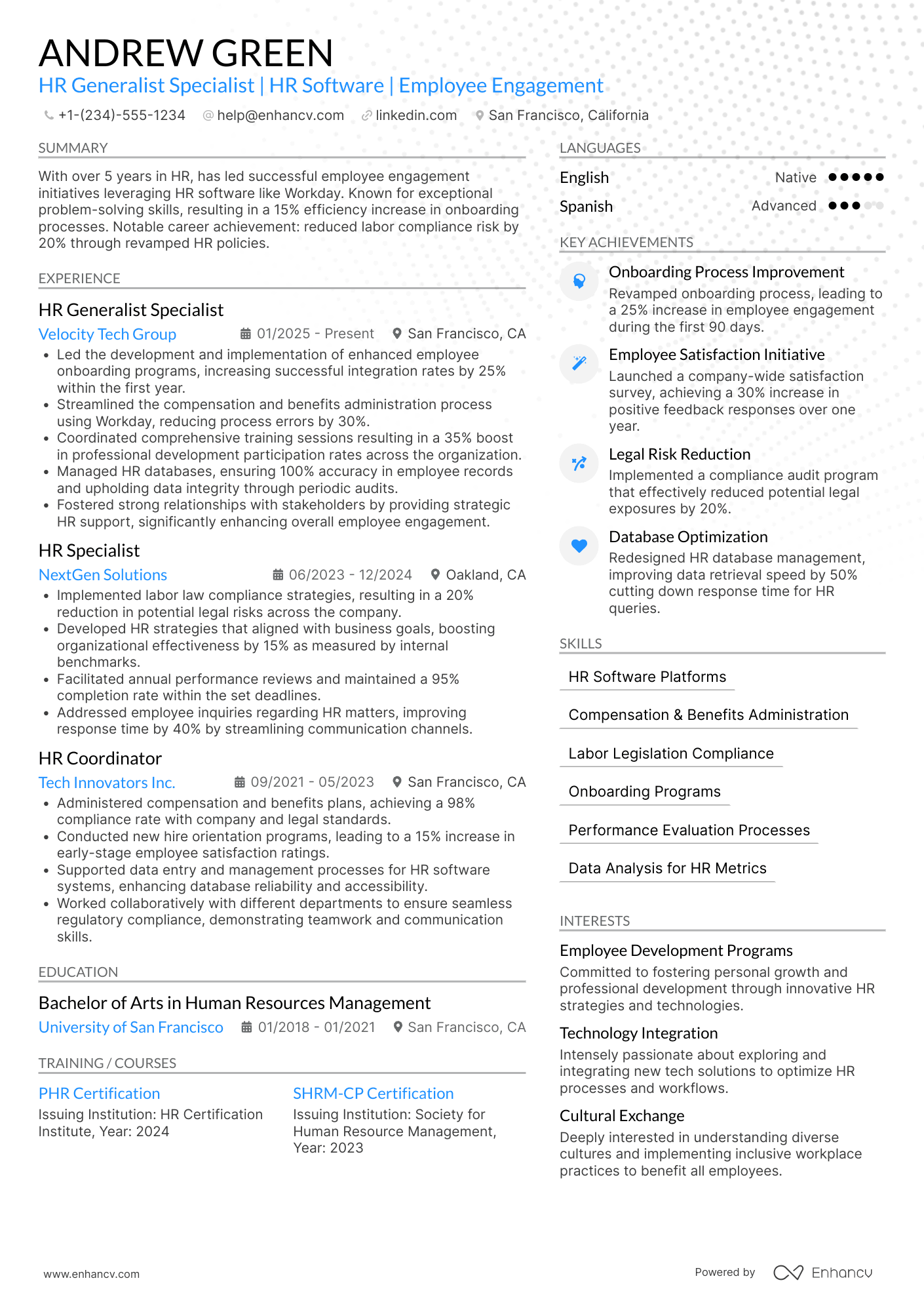 A resume example of a HR Generalist Specialist