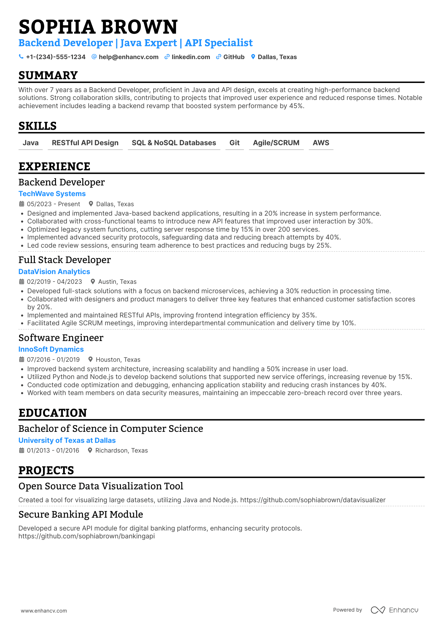 A resume example of a Backend Developer