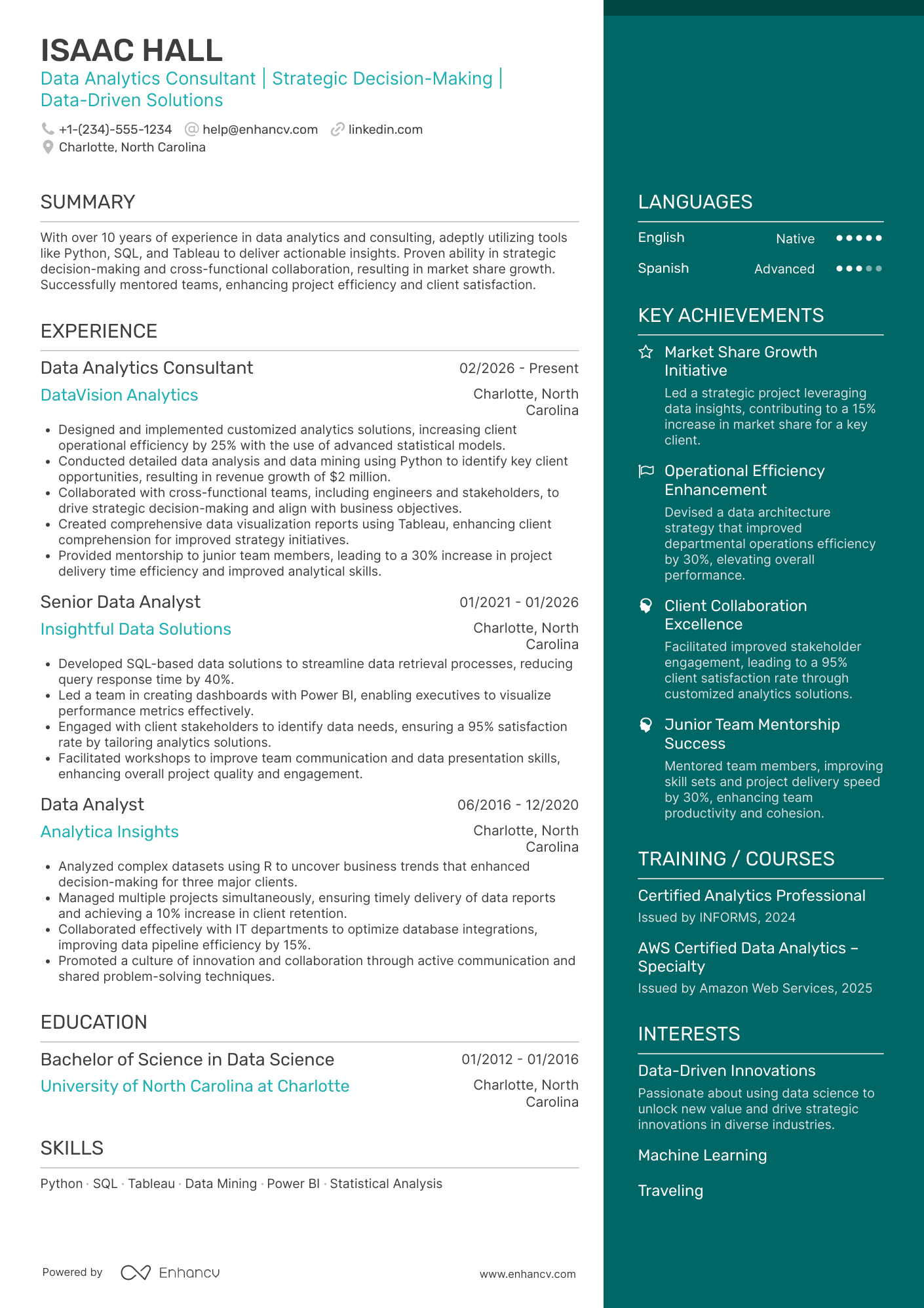 A resume example of a Deloitte Data Analytics Consultant