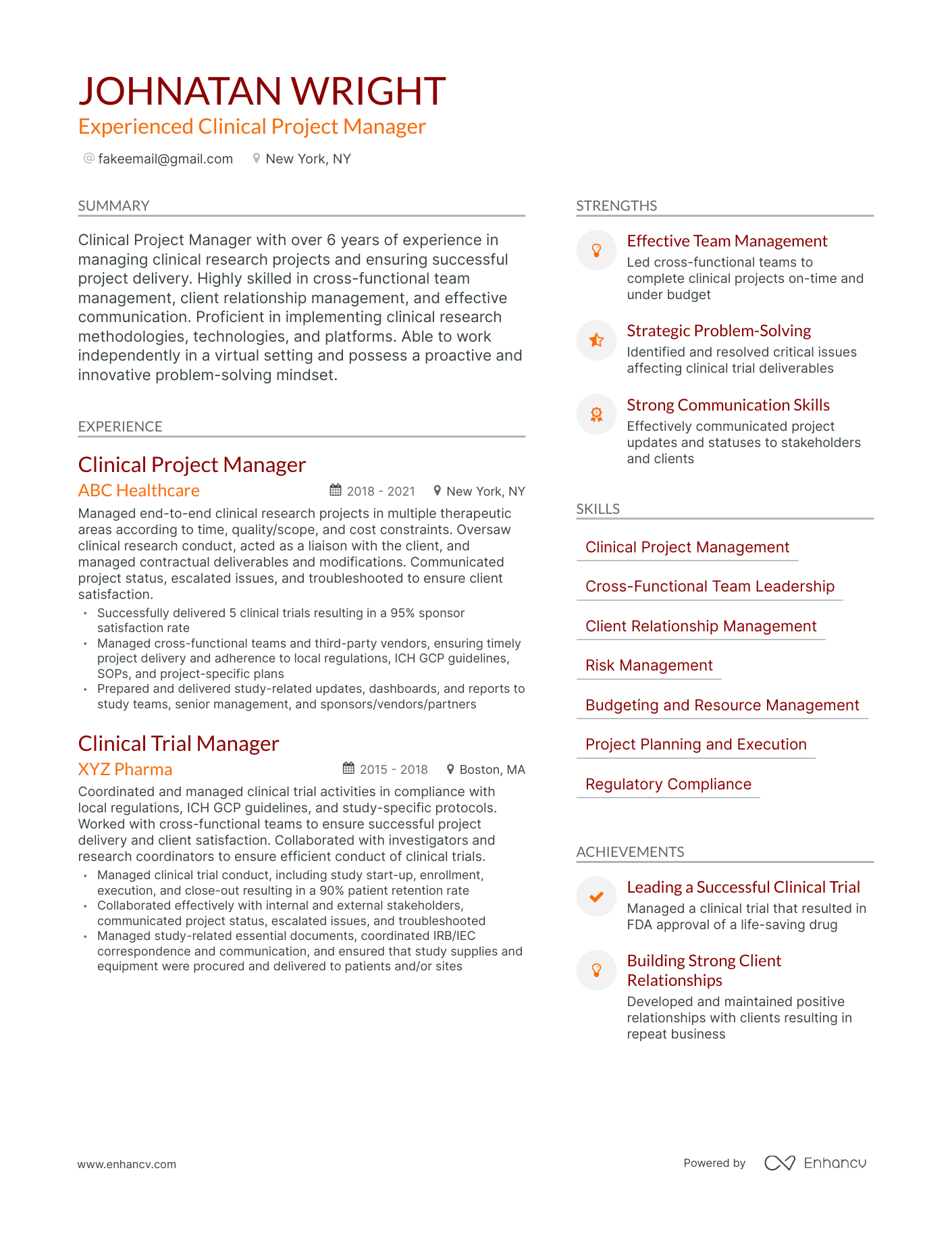 Modern Clinical Project Manager Resume Template