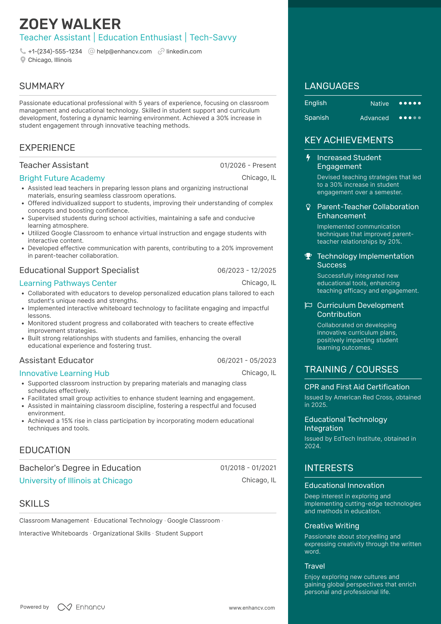 A resume example of a Teacher Assistant