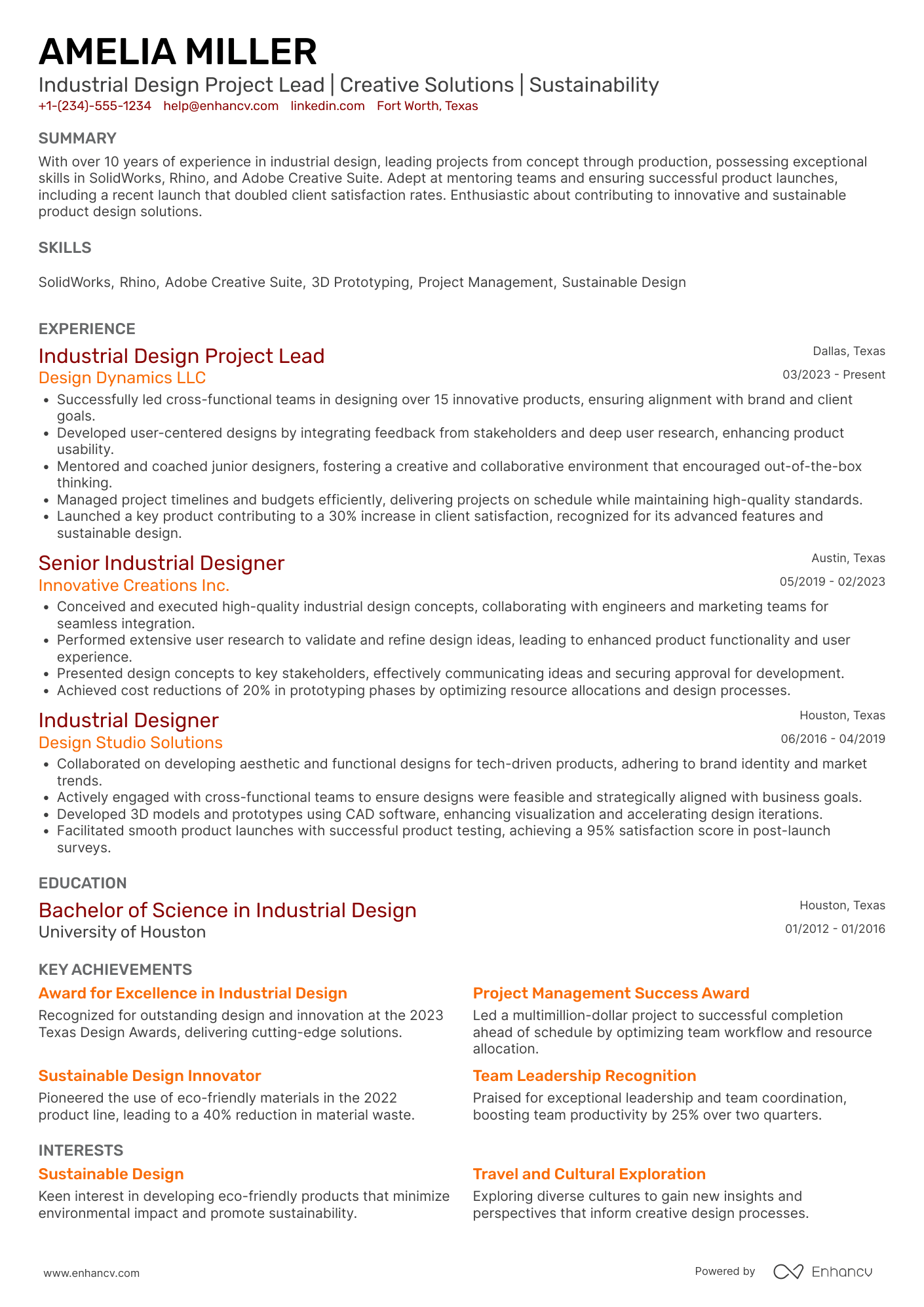 A resume example of a Industrial Design Project Lead