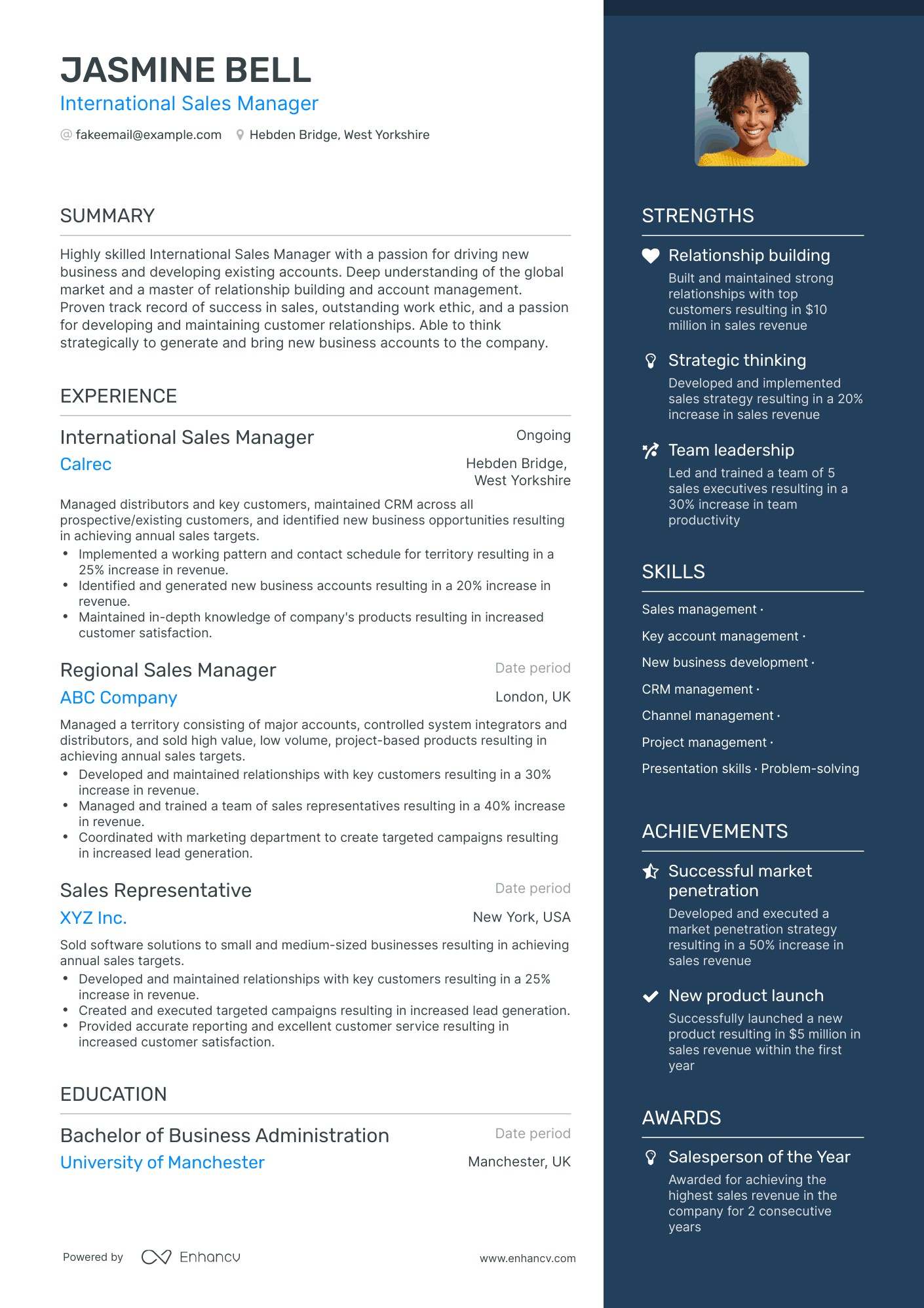 One Page International Sales Manager Resume Template