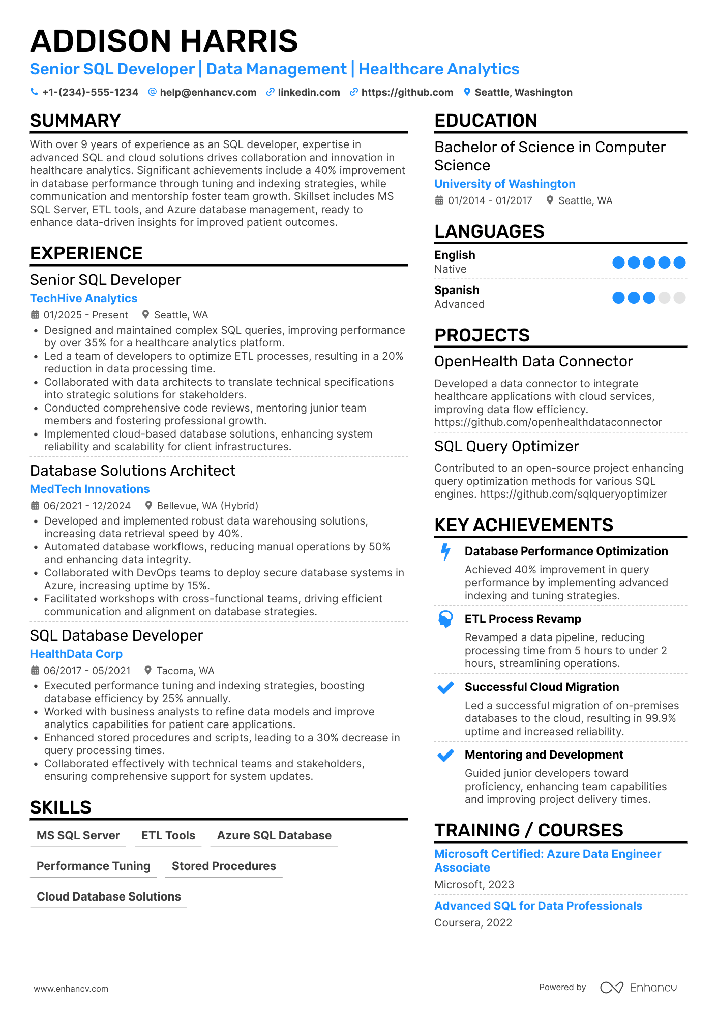 A resume example of a Senior SQL developer