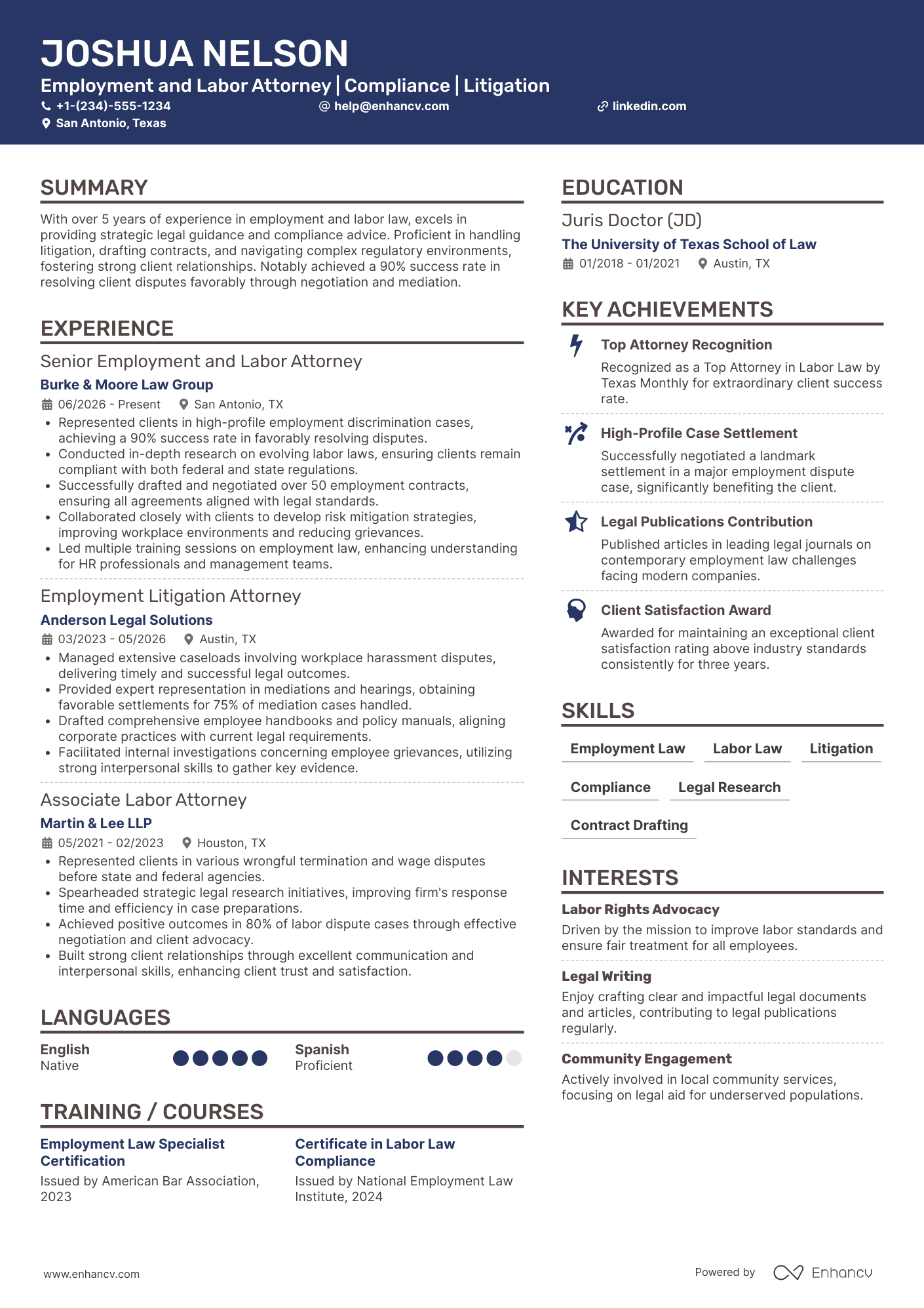 A resume example of a Employment and Labor Attorney