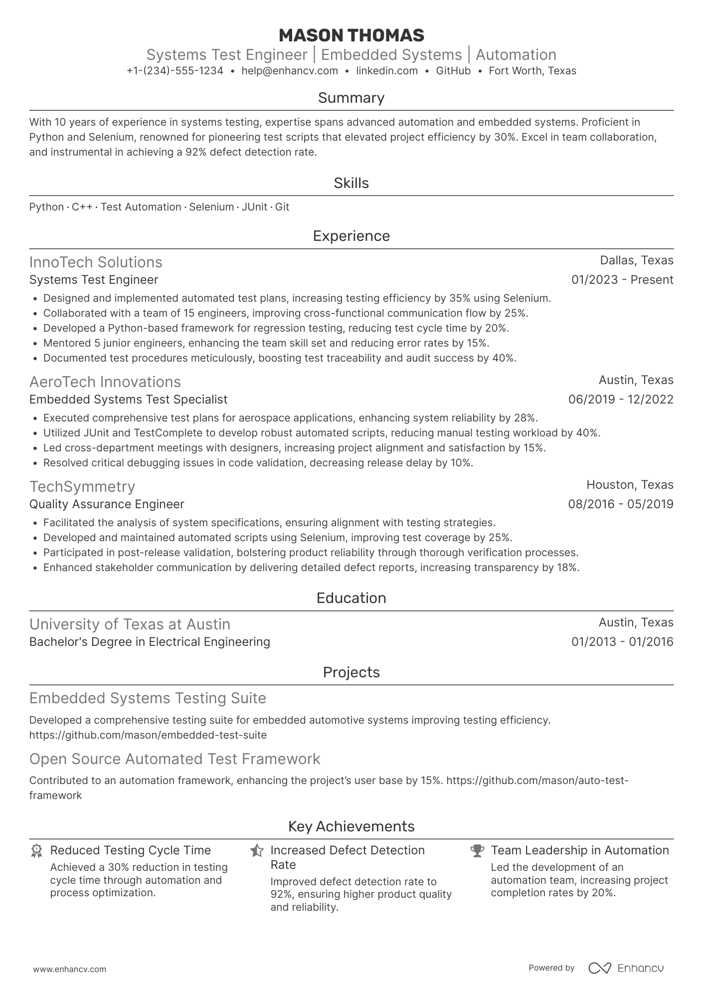 A resume example of a Systems Test Engineer