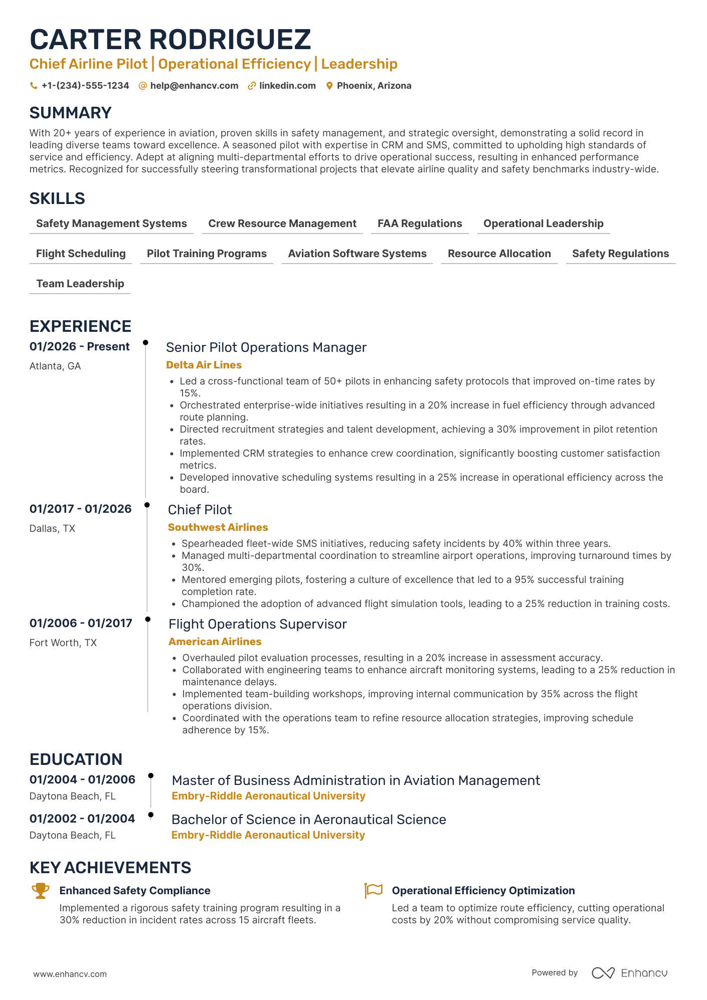 A resume example of a Chief Airline Pilot