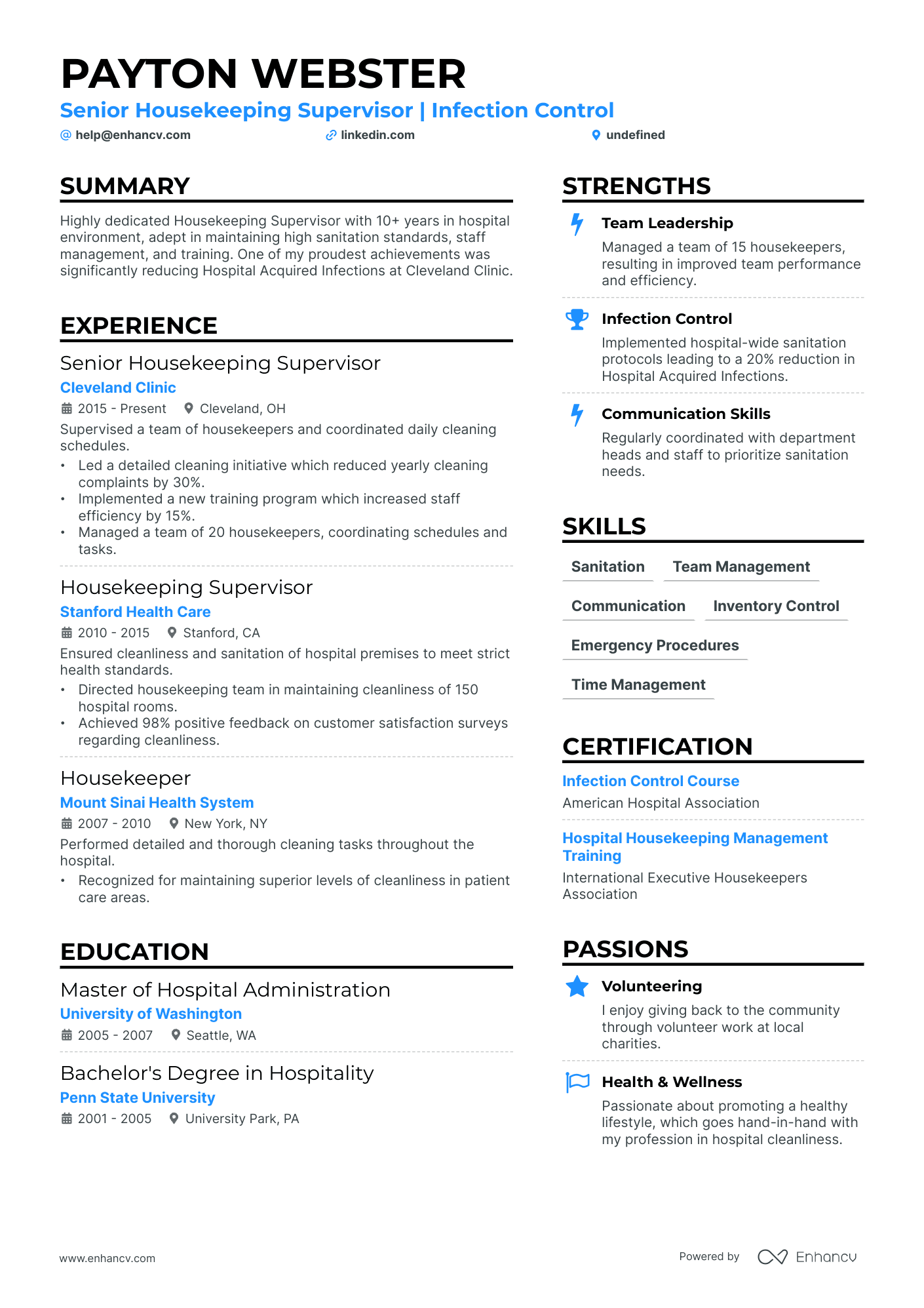 resume examples for housekeeping at a hospital