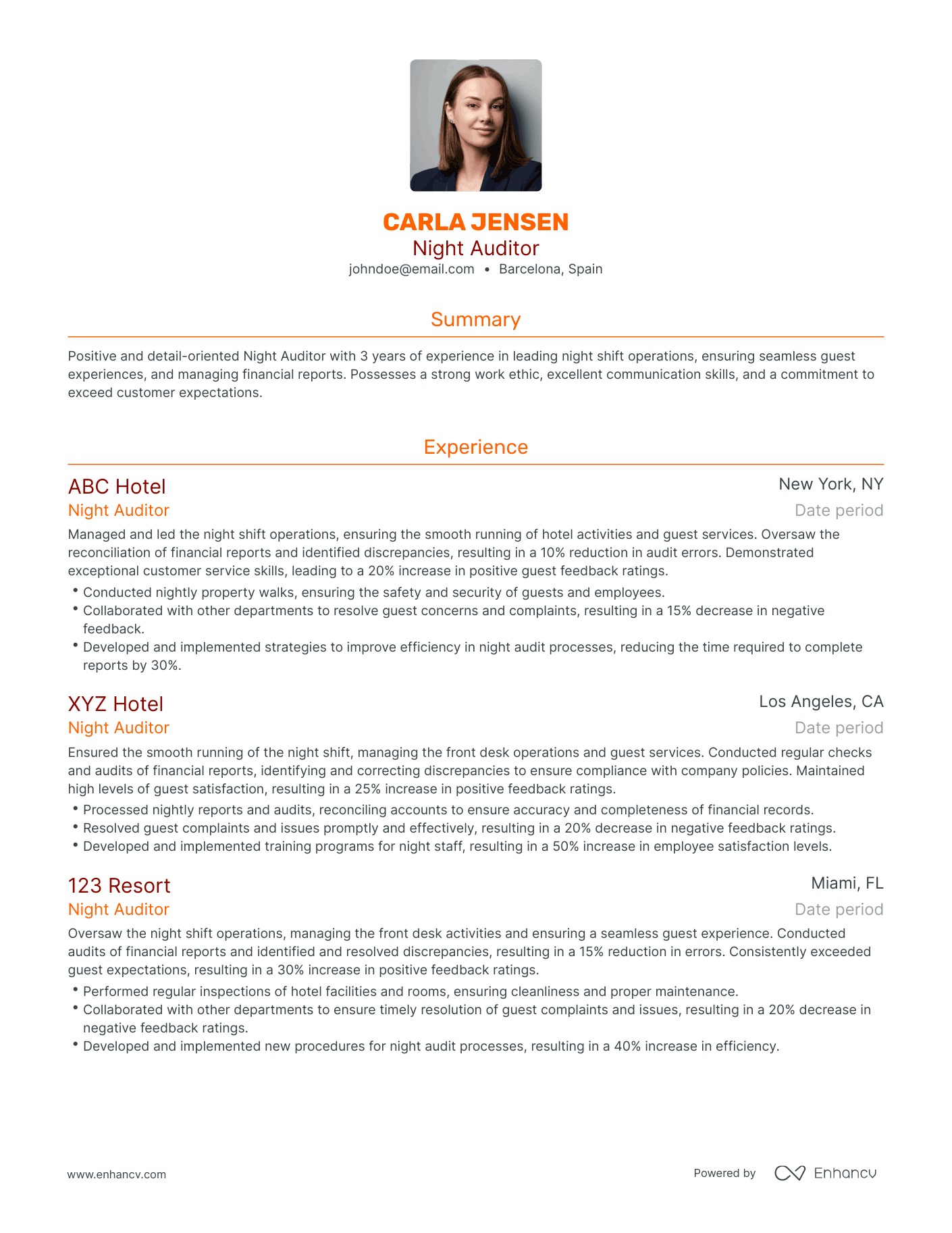 Traditional Night Auditor Resume Template