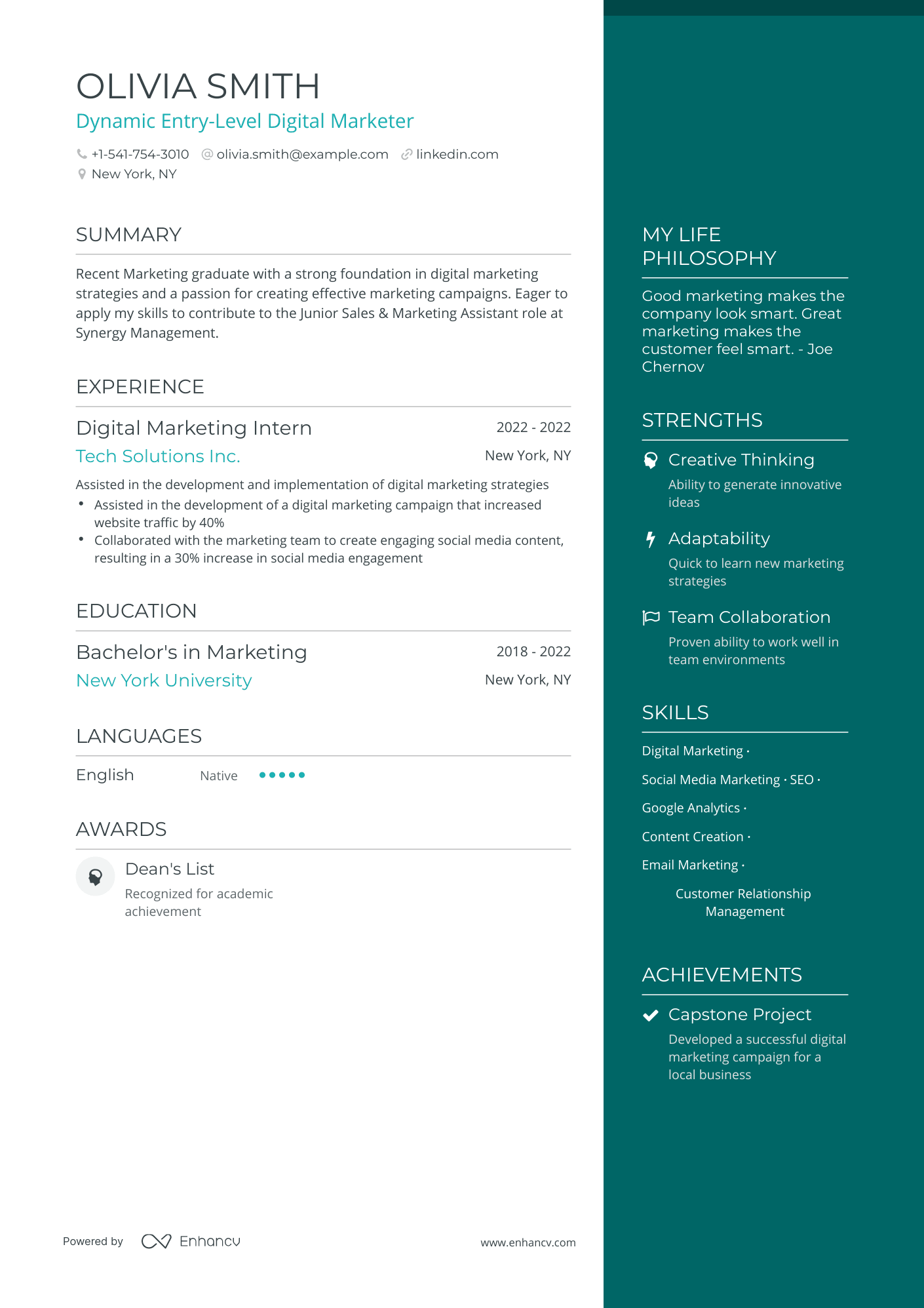 One Page Entry Level Digital Marketing Resume Template