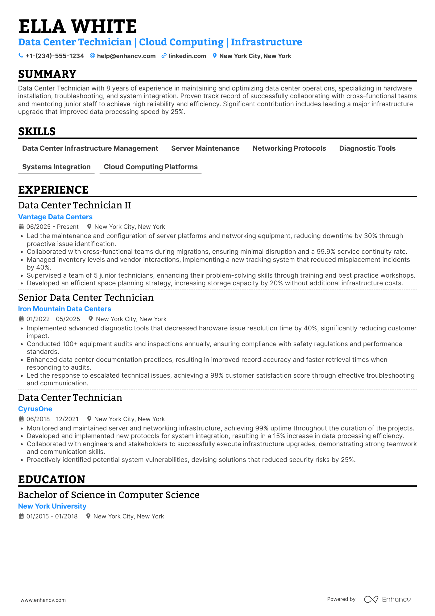 A resume example of a Data Center Technician III