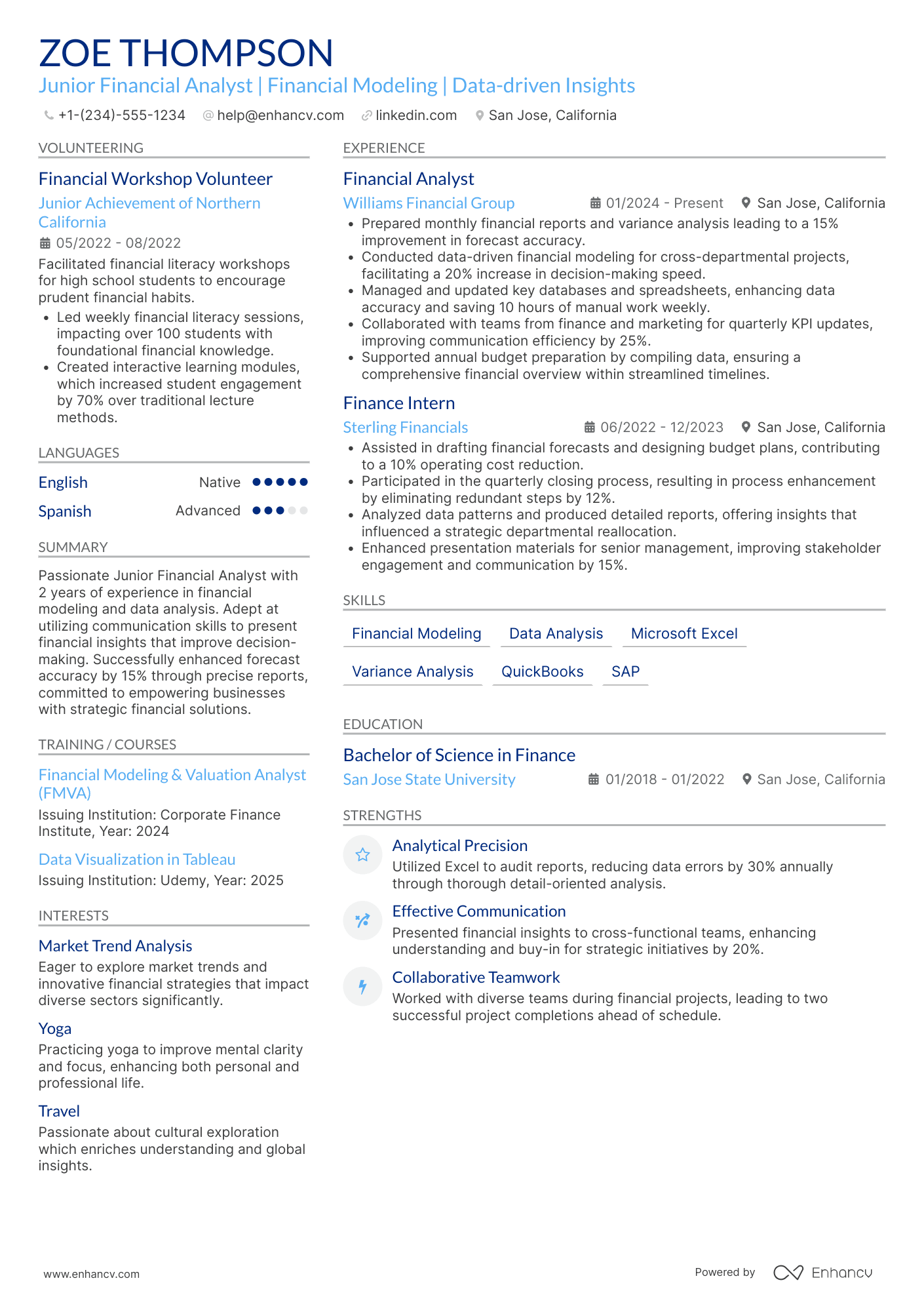 A resume example of a Junior Financial Analyst