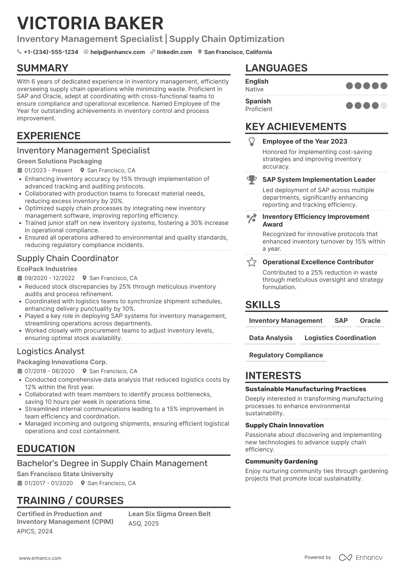 A resume example of a Factory Inventory Manager