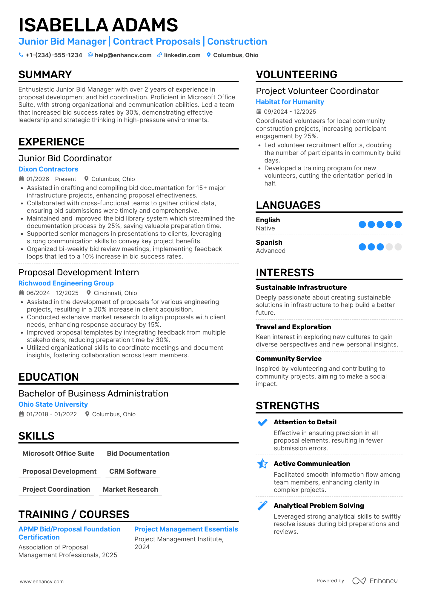 A resume example of a Junior Bid Manager