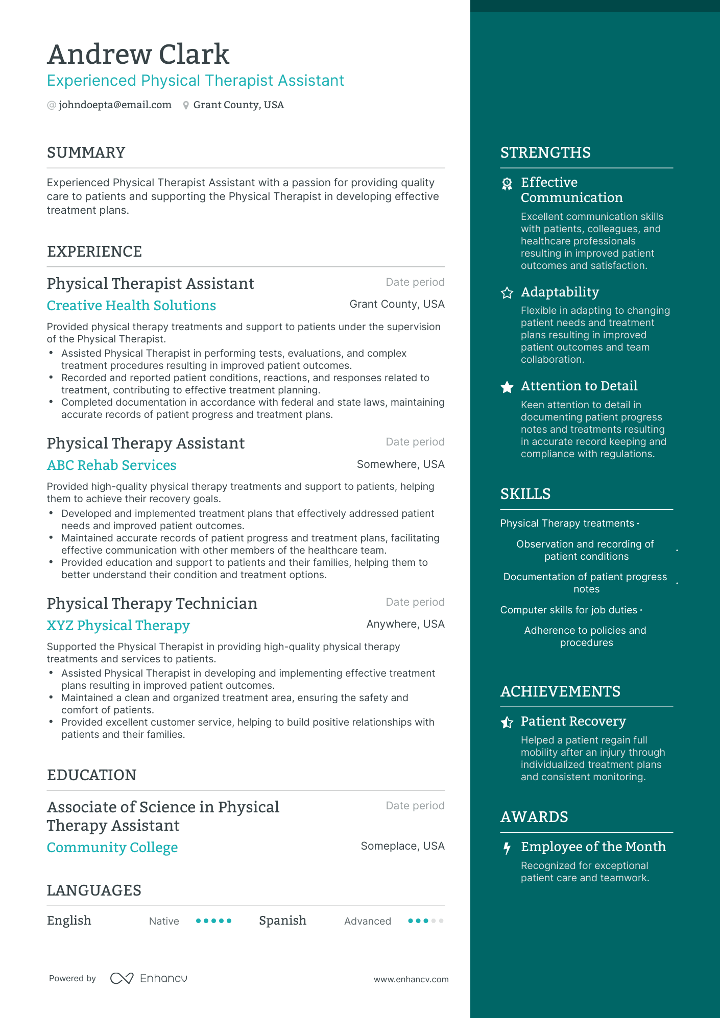 One Page Therapist Resume Template