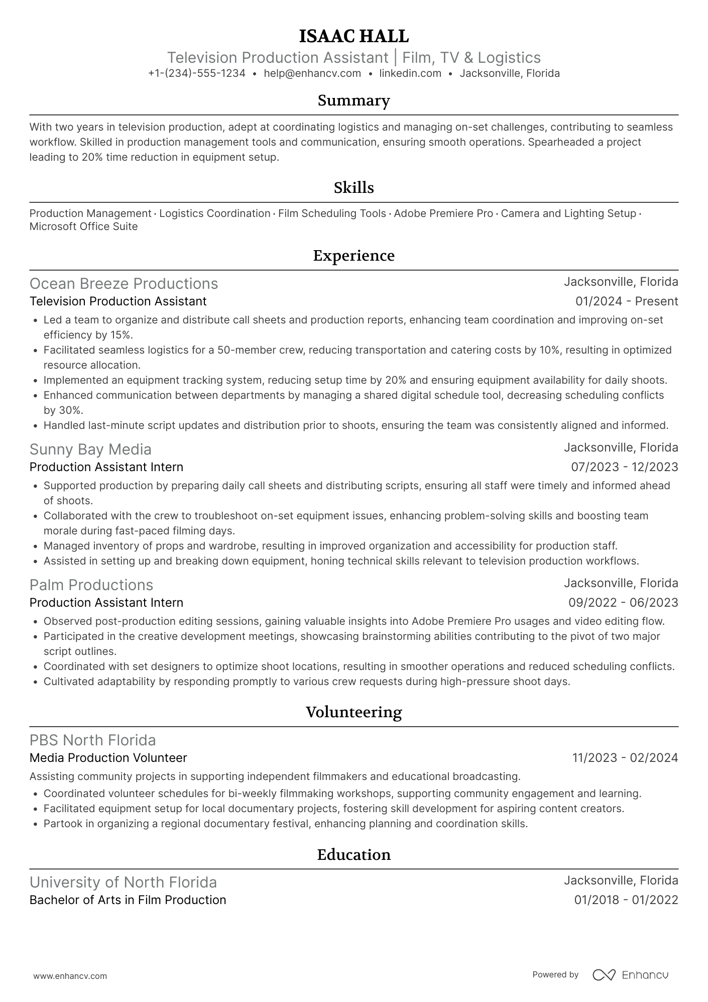 A resume example of a Television Production Assistant