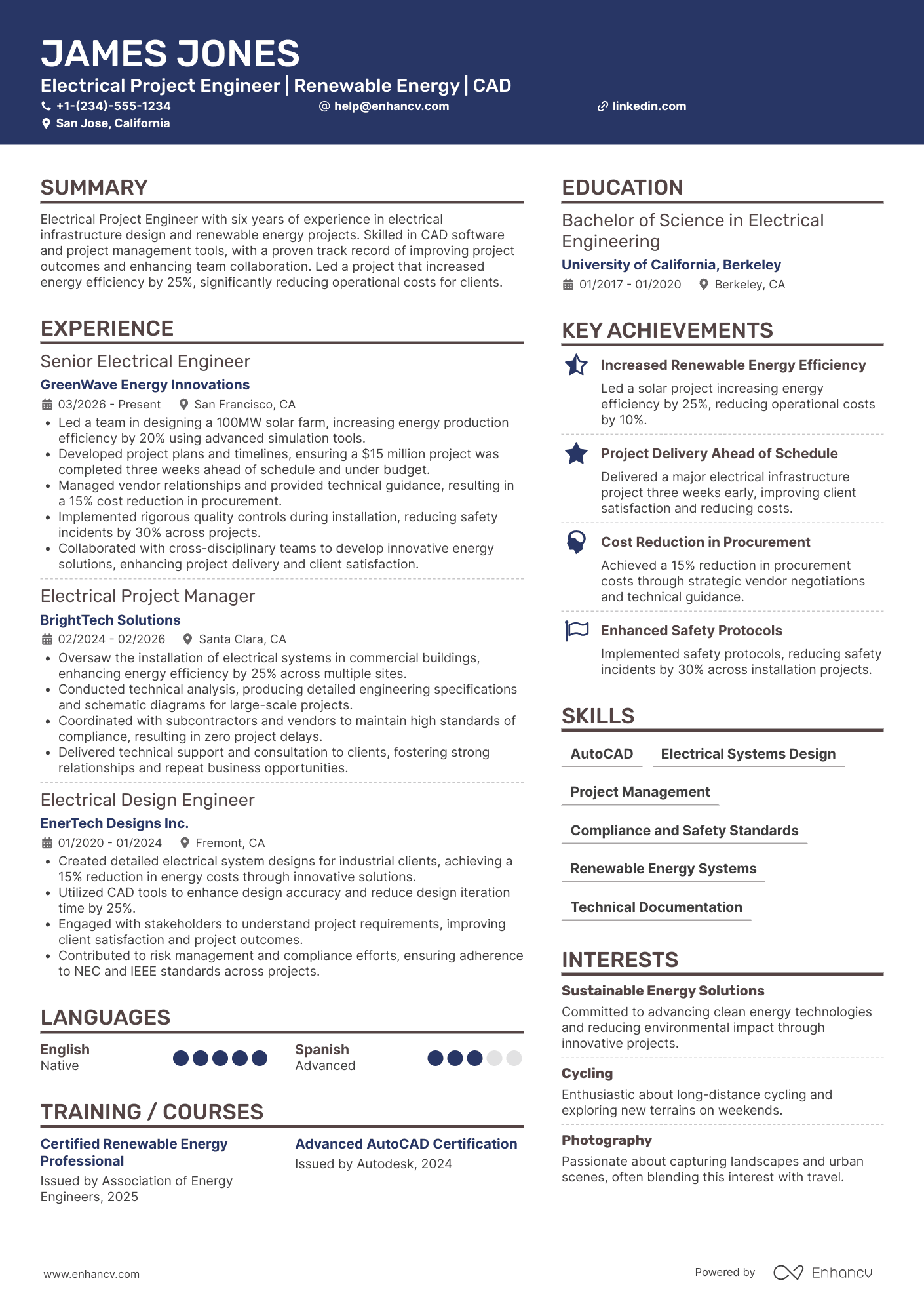 A resume example of a Electrical Project Engineer