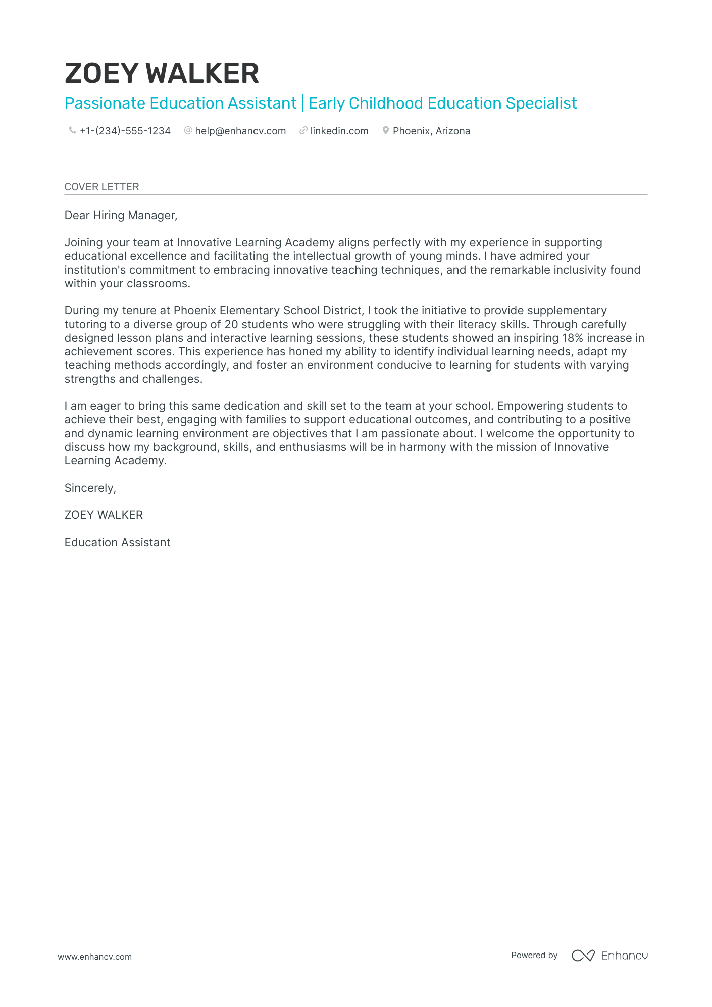 cover letter for special education teacher assistant