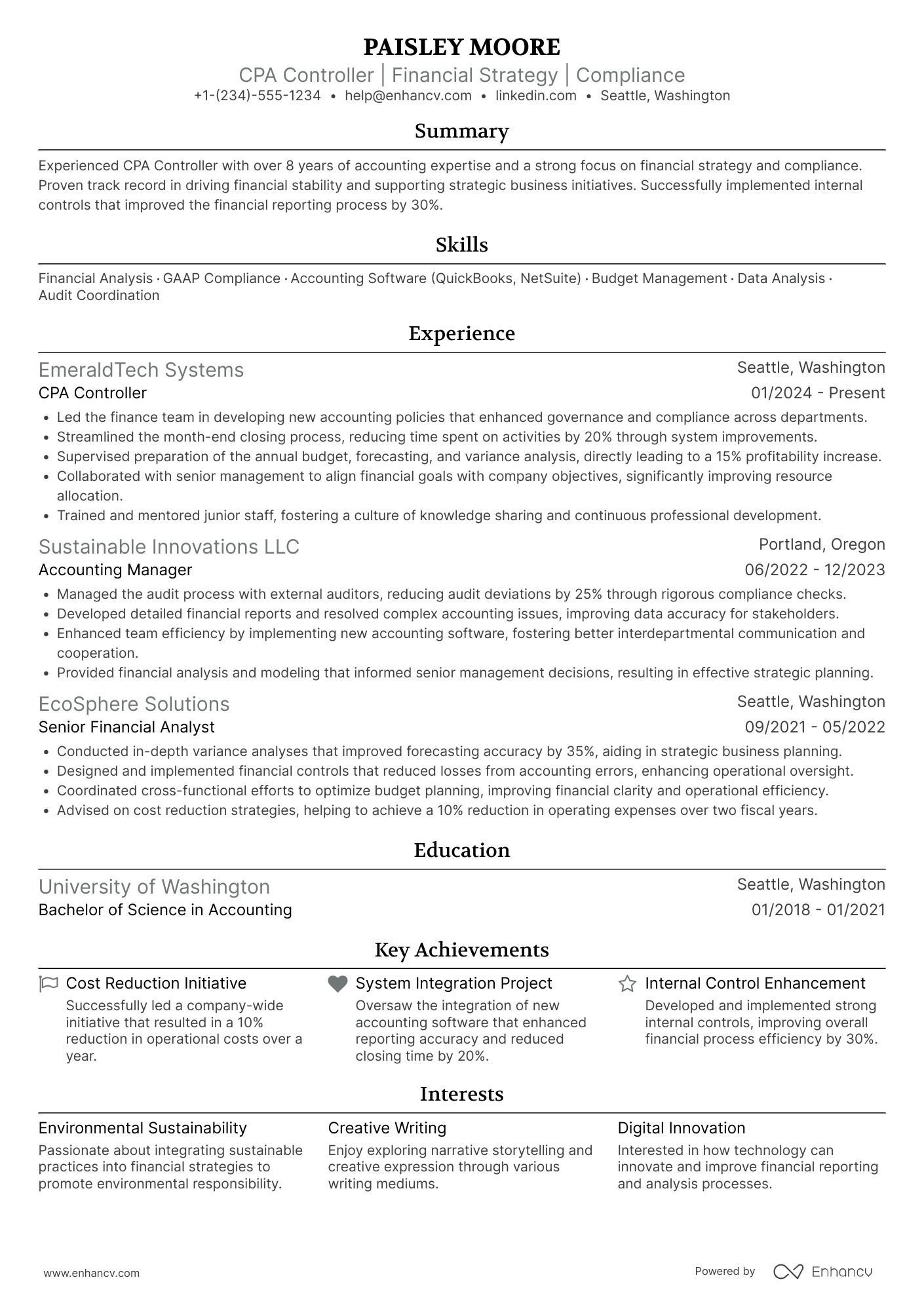 A resume example of a CPA Controller