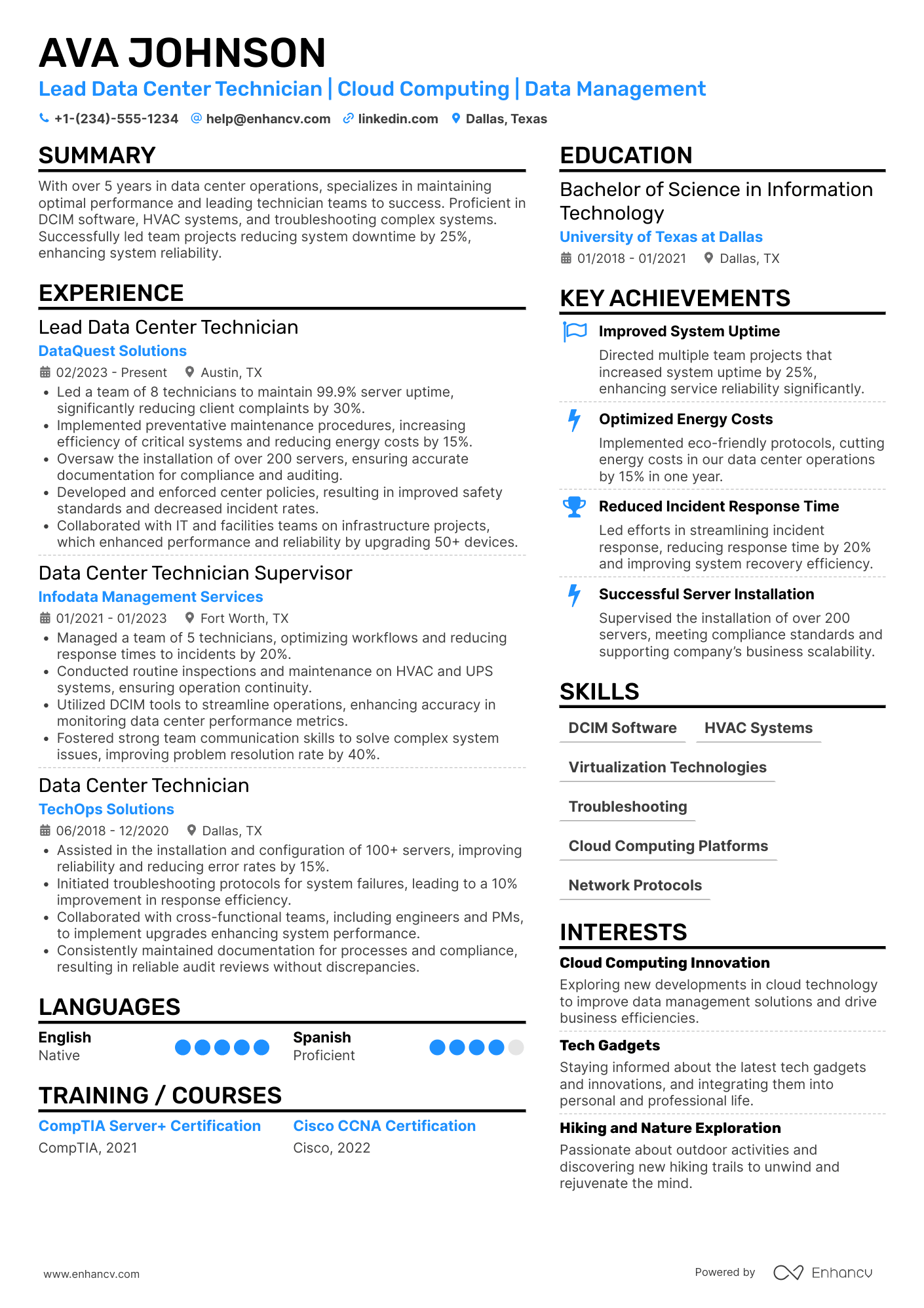 A resume example of a Lead Data Center Technician