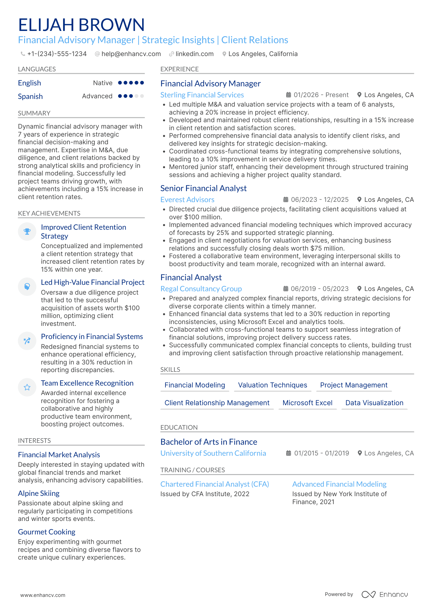 A resume example of a Deloitte Financial Advisory Services Manager