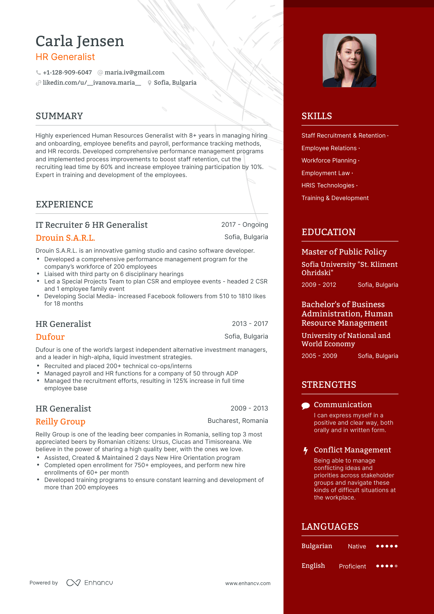 One Page HR Generalist Resume Template