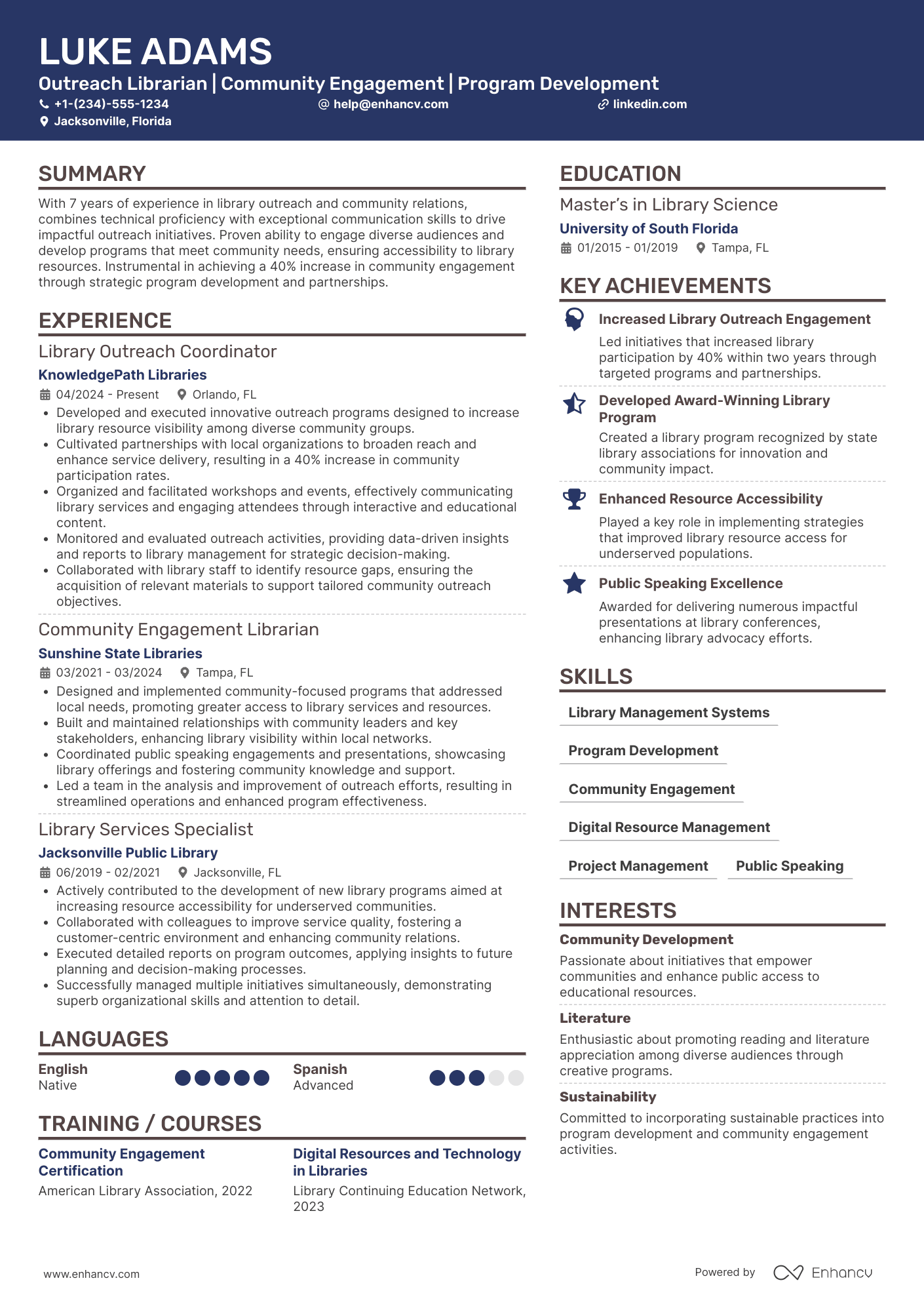 A resume example of a Outreach Librarian