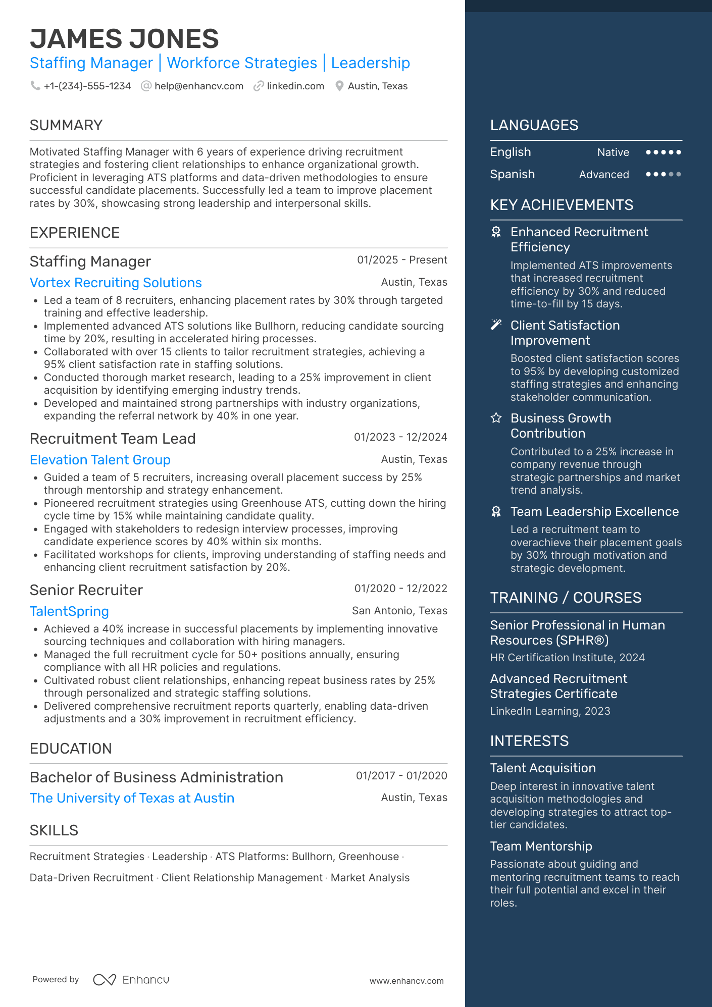 A resume example of a Staffing Manager