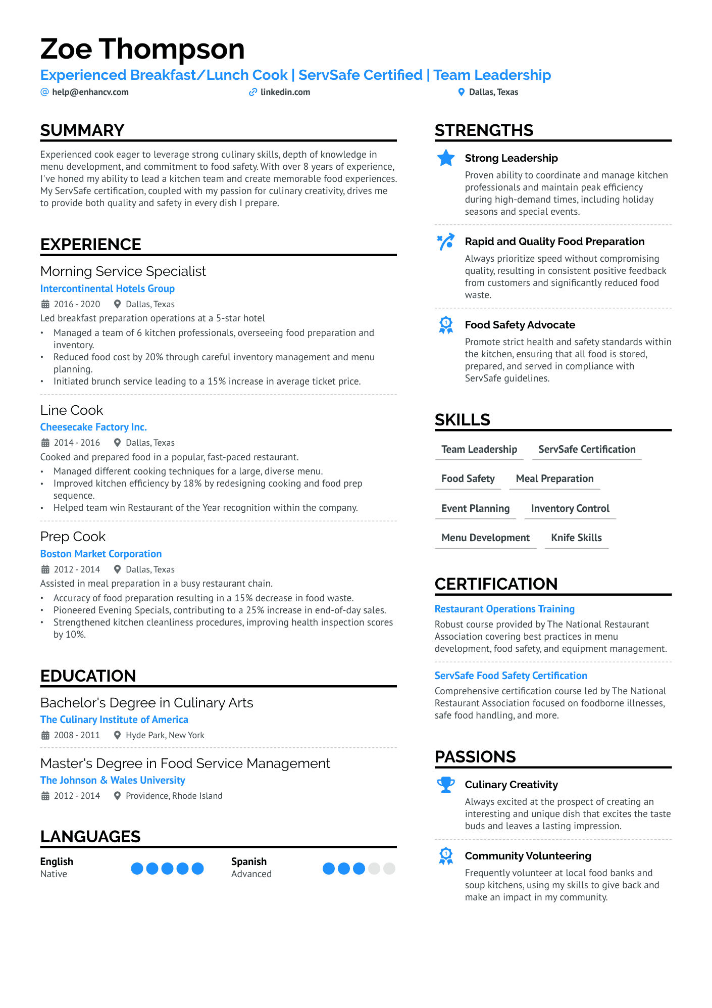 resume profile example cook
