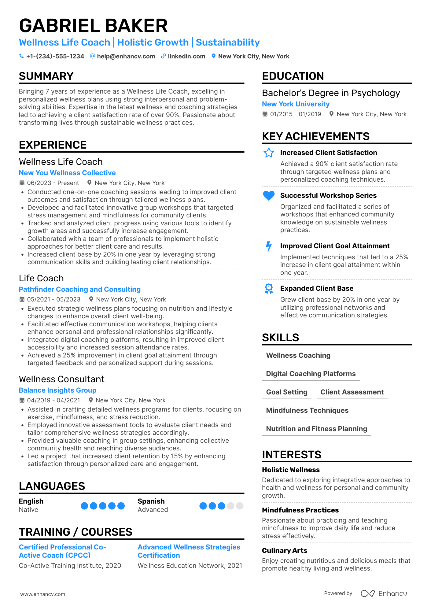 A resume example of a Wellness Life Coach