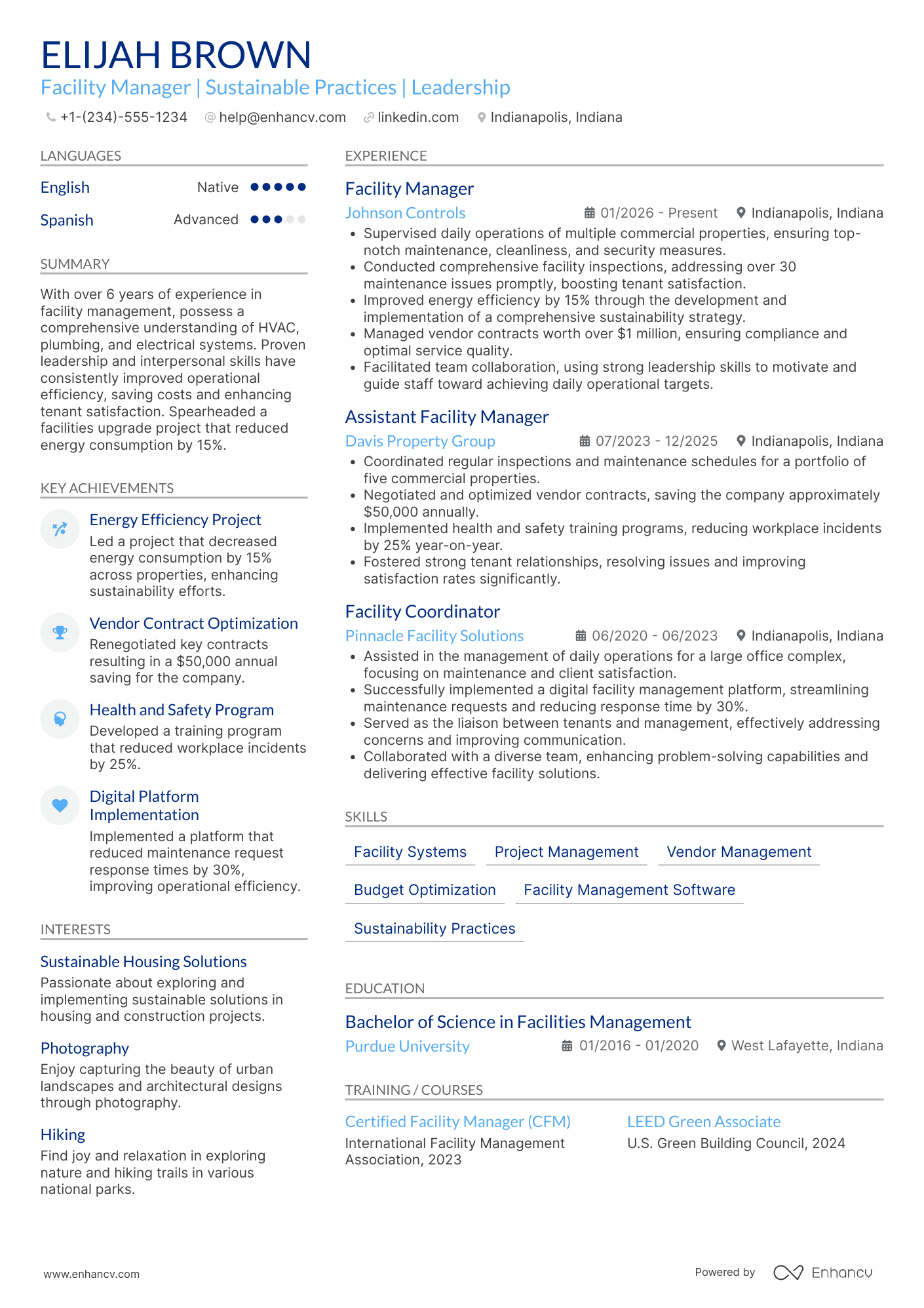A resume example of a Facility Manager