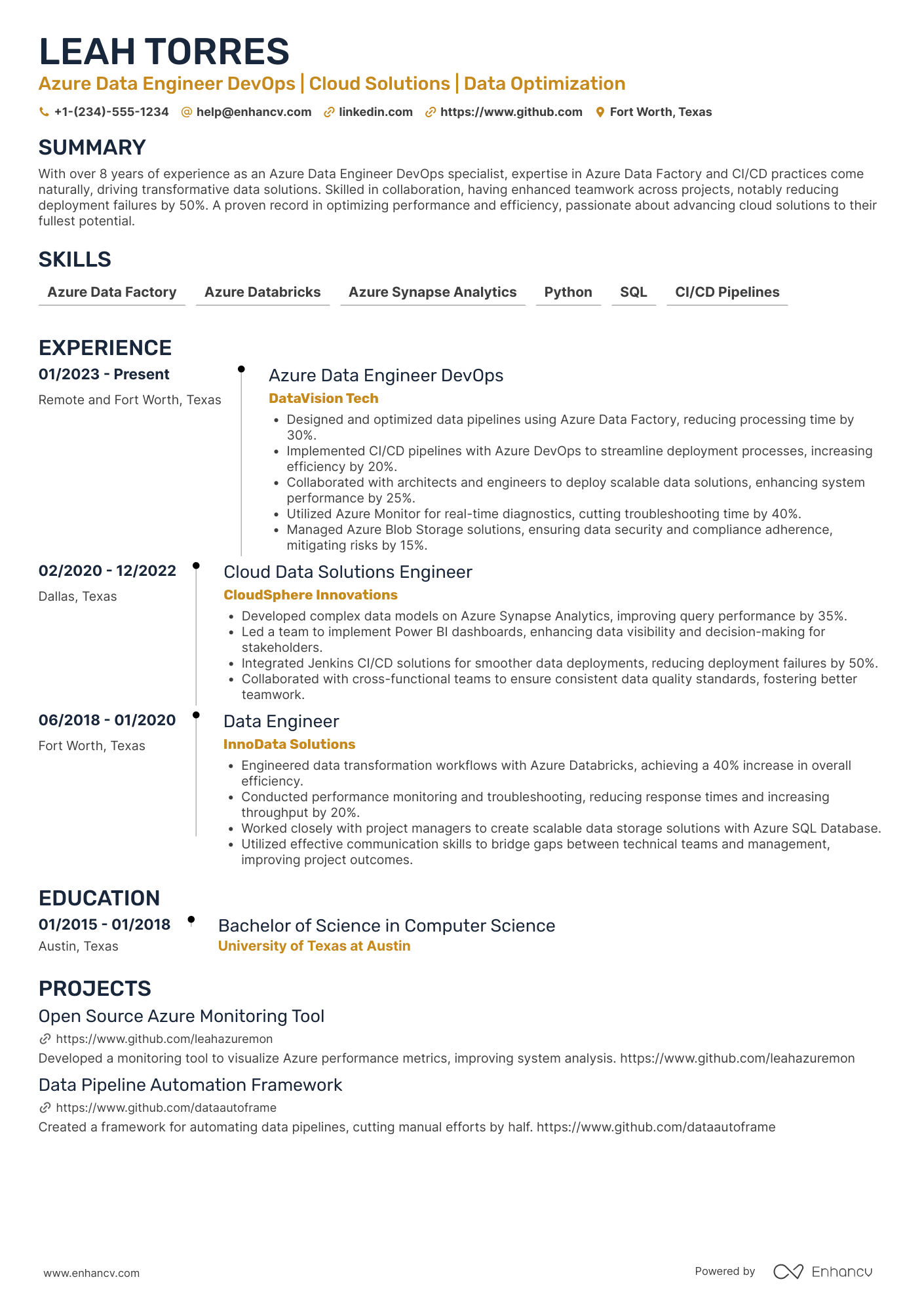 A resume example of a Azure Data Engineer DevOps