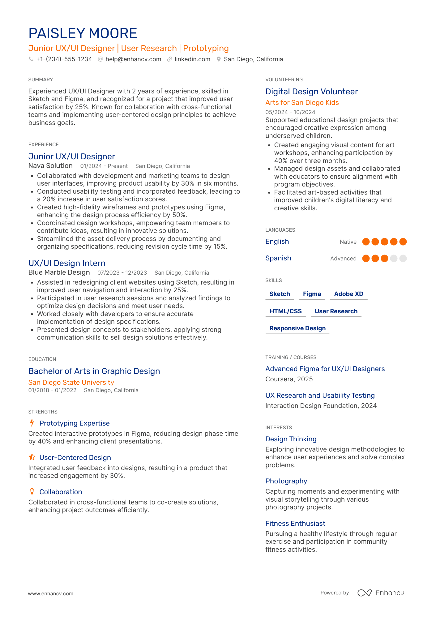 A resume example of a Junior UX UI Designer