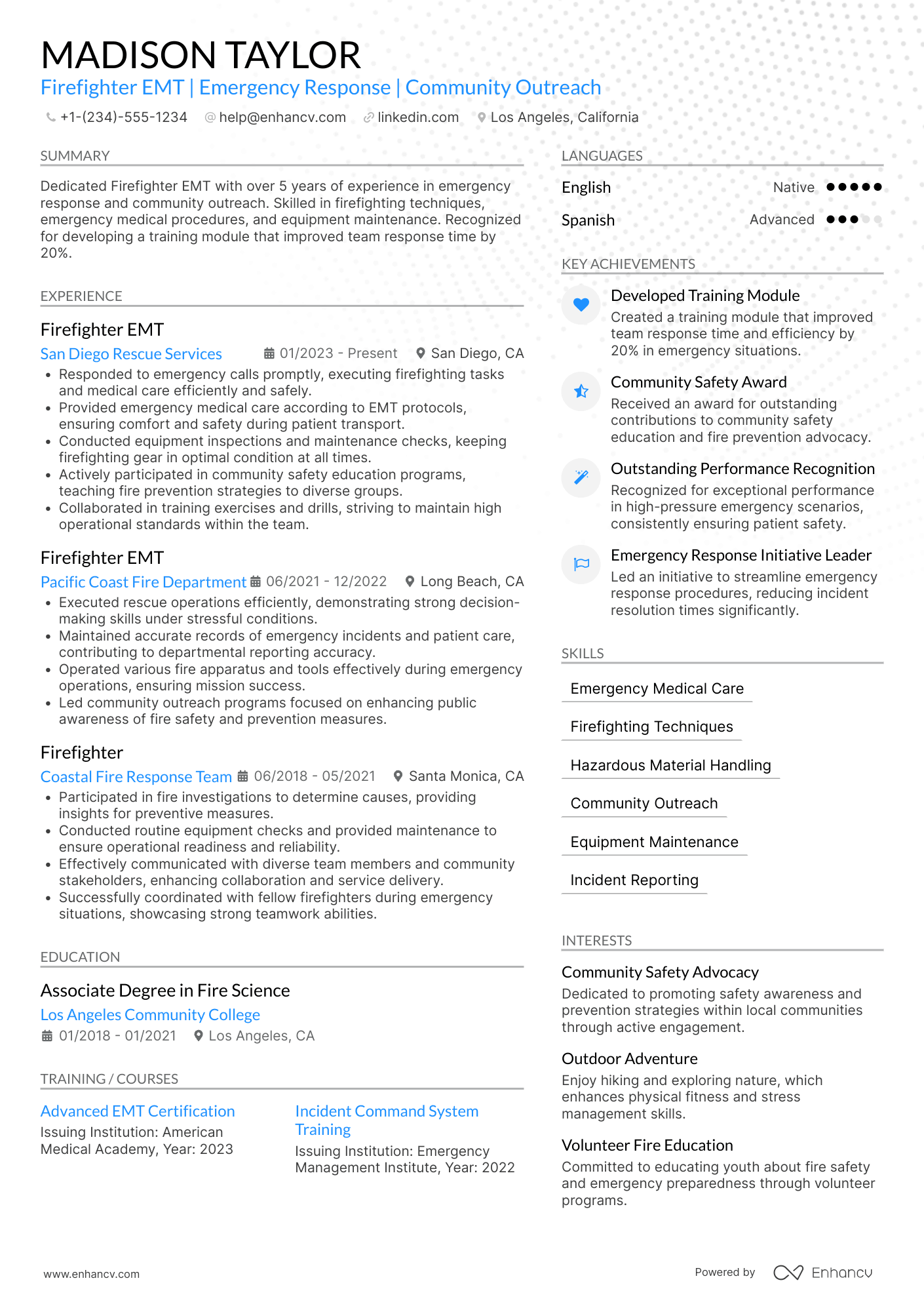 A resume example of a Firefighter EMT
